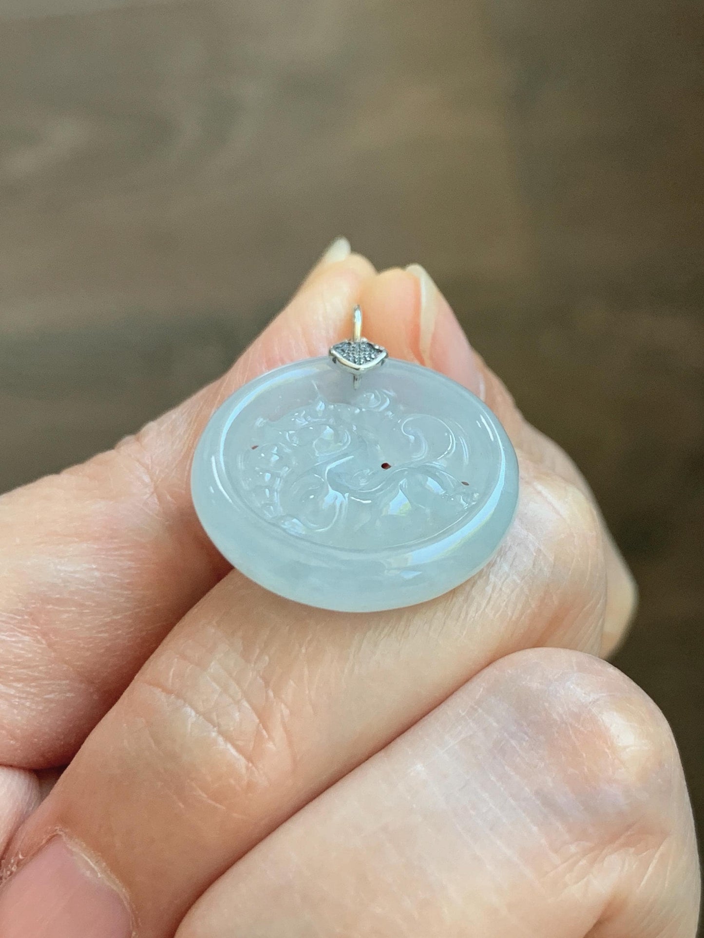 Natural Grade A Icy Translucent White Pale Green Undertone Jade Jadeite Openwork Qi Lin Pendant Sterling Silver 4g 天然冰胶淡青底翡翠镂空雕麒麟吊坠 MKA240Q