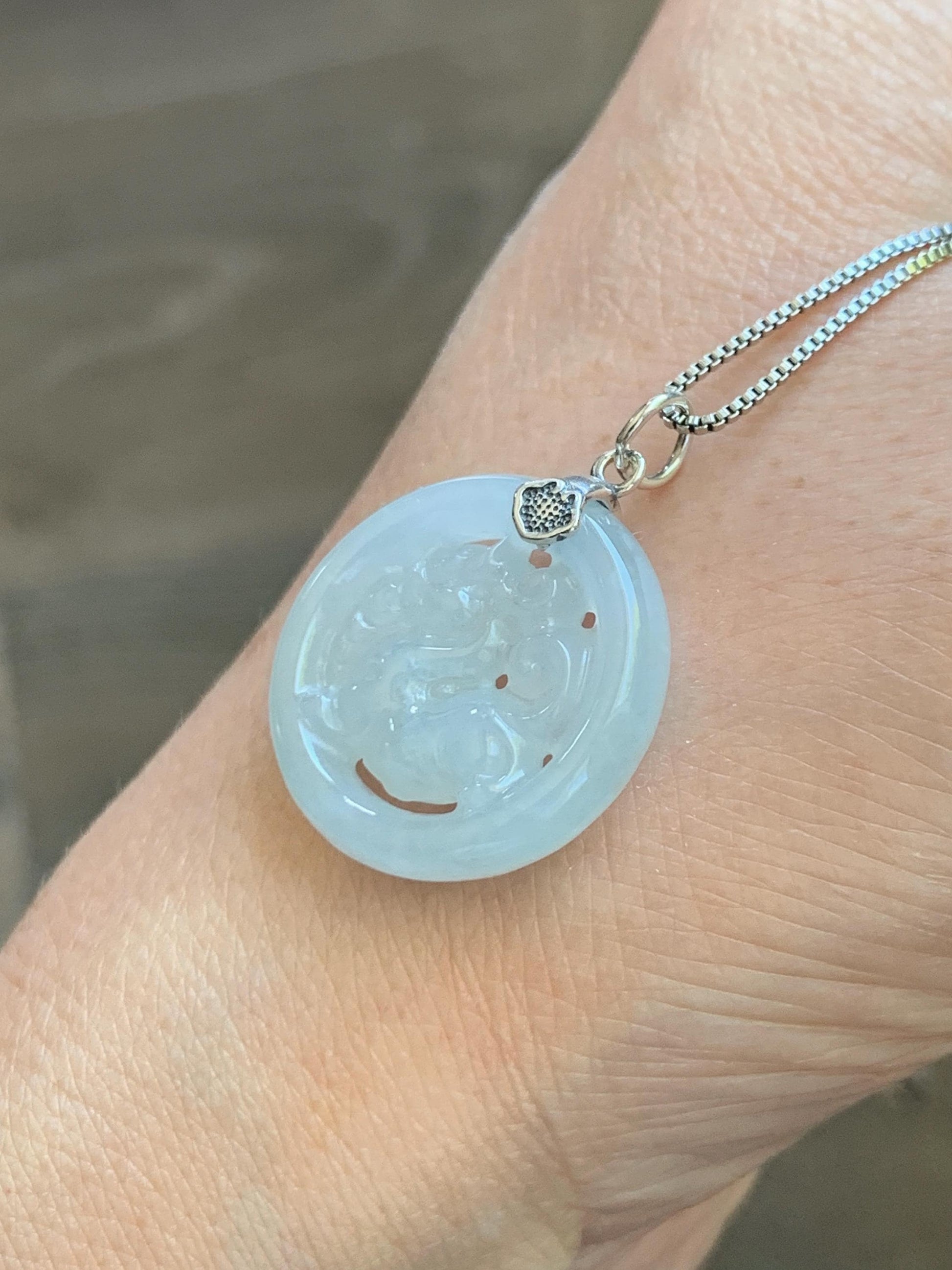 Natural Grade A Icy Translucent White Pale Green Undertone Jade Jadeite Openwork Qi Lin Pendant Sterling Silver 4g 天然冰胶淡青底翡翠镂空雕麒麟吊坠 MKA240Q