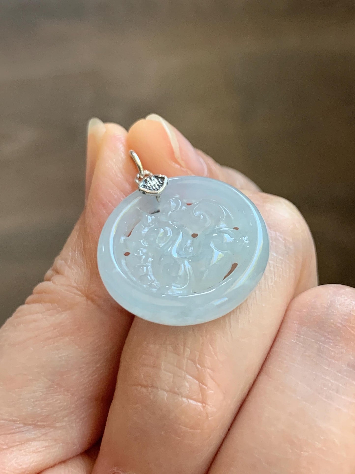 Natural Grade A Icy Translucent White Pale Green Undertone Jade Jadeite Openwork Qi Lin Pendant Sterling Silver 4g 天然冰胶淡青底翡翠镂空雕麒麟吊坠 MKA240Q