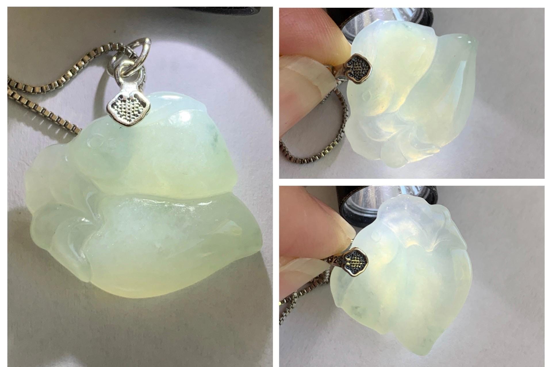 Natural Grade A Icy Translucent White Pale Green Undertone Jade Jadeite Rabbit Carrot Pendant Sterling Silver 3g 天然冰胶淡青底翡翠小兔胡萝卜吊坠 MKA240T