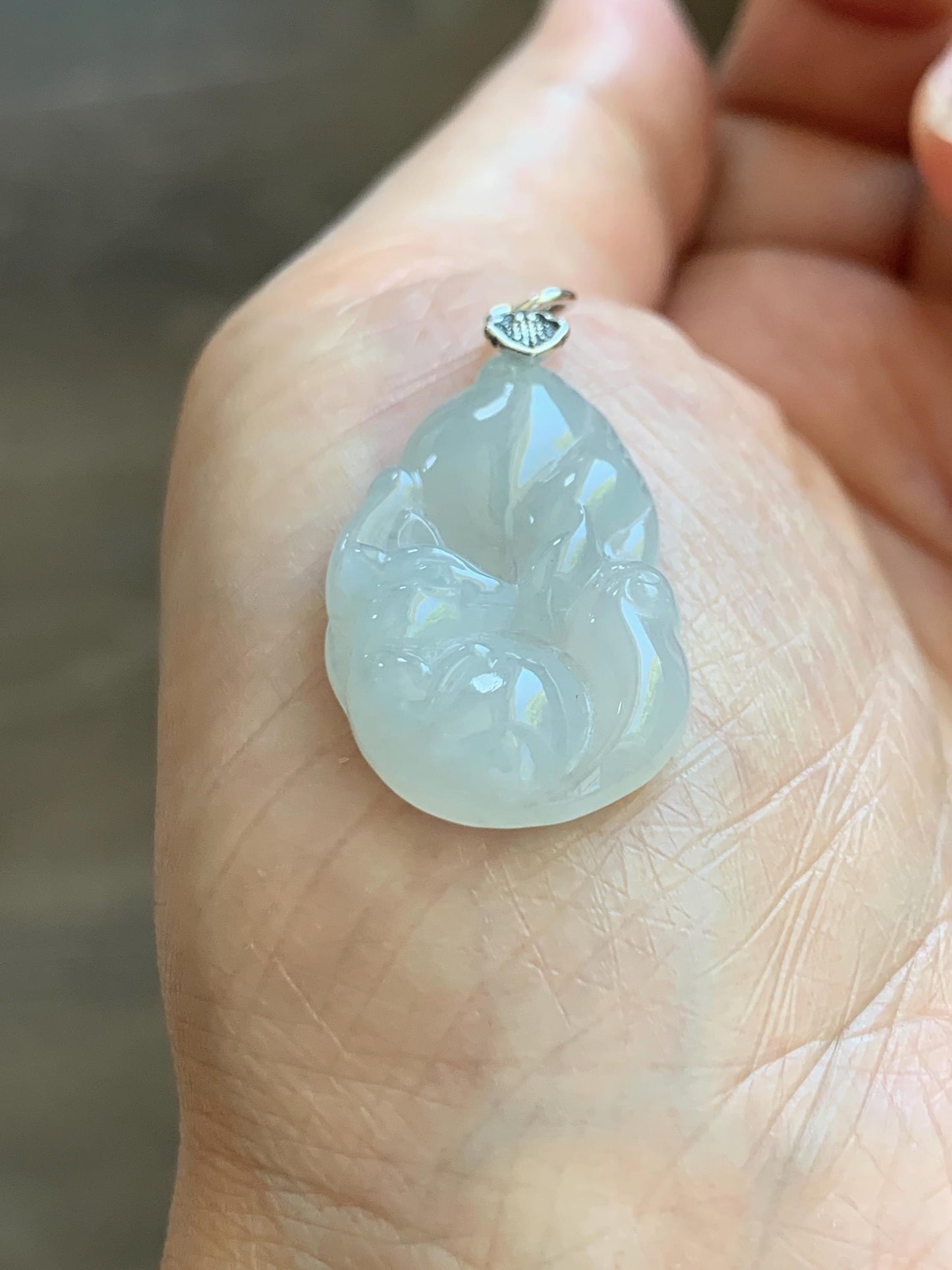 Natural Grade A Icy Translucent White Pale Green Undertone Jade Jadeite Nine-tailed Fox Pendant Sterling Silver 3g 天然冰胶淡青底翡翠九尾狐吊坠 MKA240N