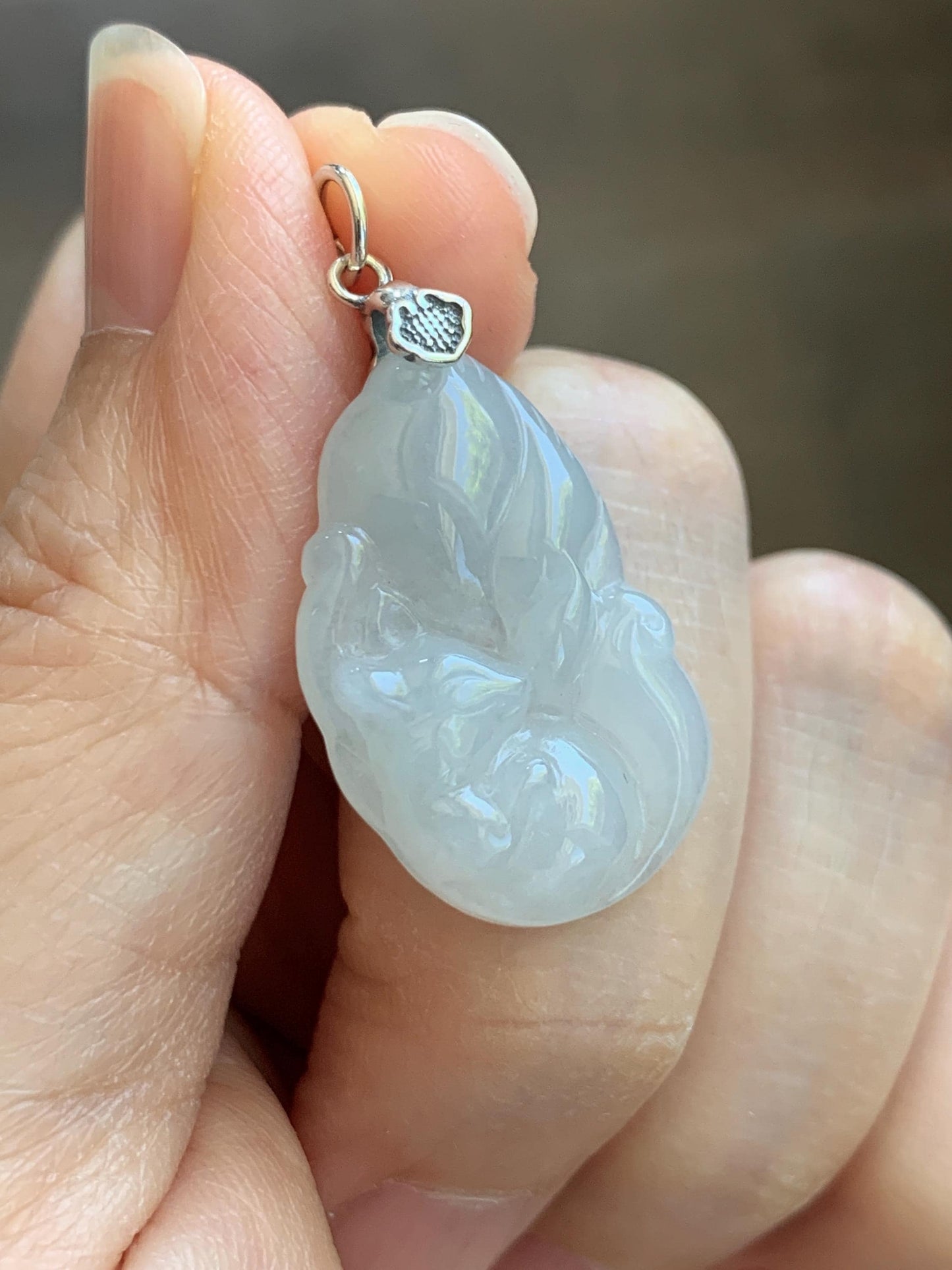 Natural Grade A Icy Translucent White Pale Green Undertone Jade Jadeite Nine-tailed Fox Pendant Sterling Silver 3g 天然冰胶淡青底翡翠九尾狐吊坠 MKA240N