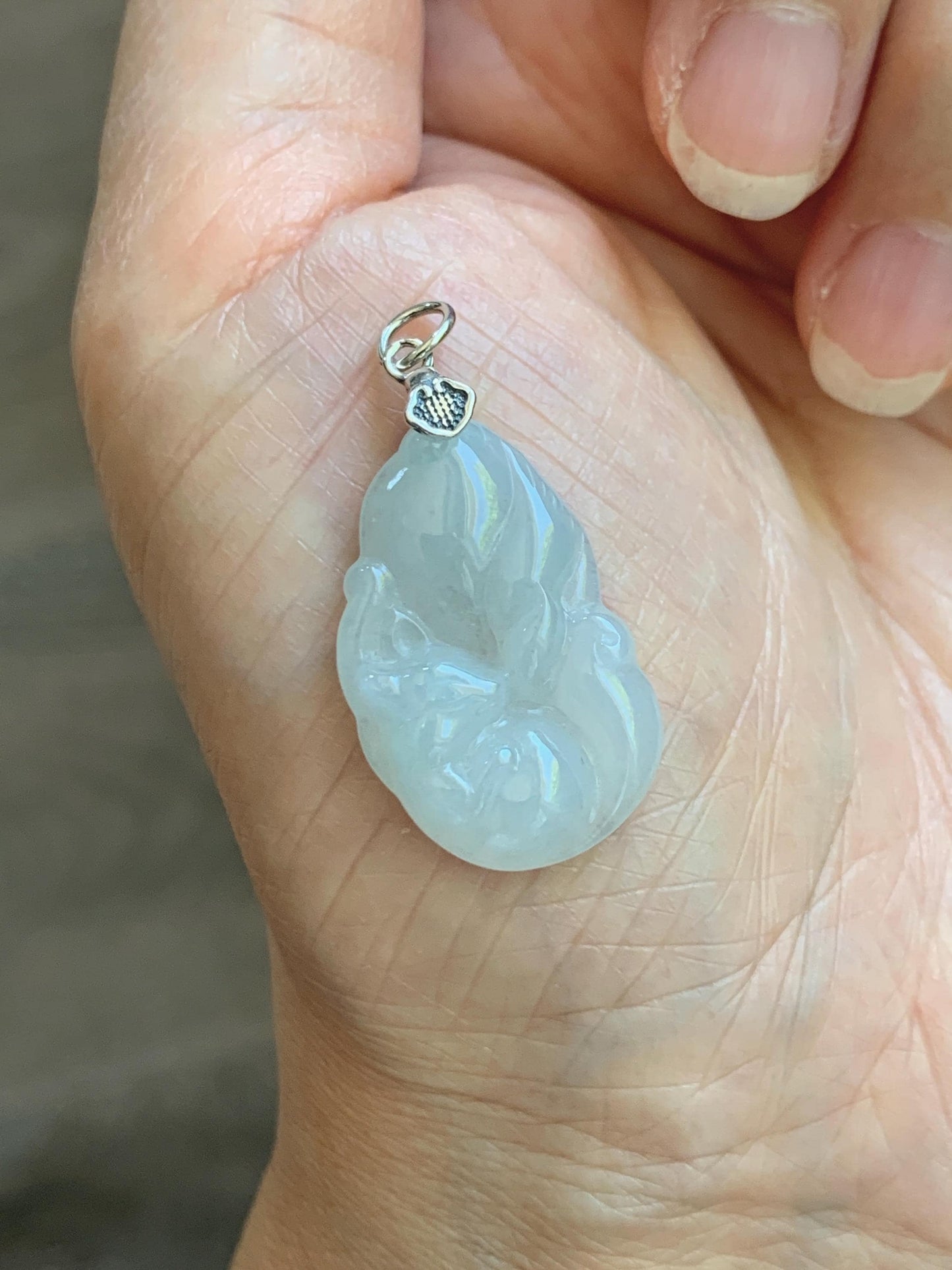 Natural Grade A Icy Translucent White Pale Green Undertone Jade Jadeite Nine-tailed Fox Pendant Sterling Silver 3g 天然冰胶淡青底翡翠九尾狐吊坠 MKA240N