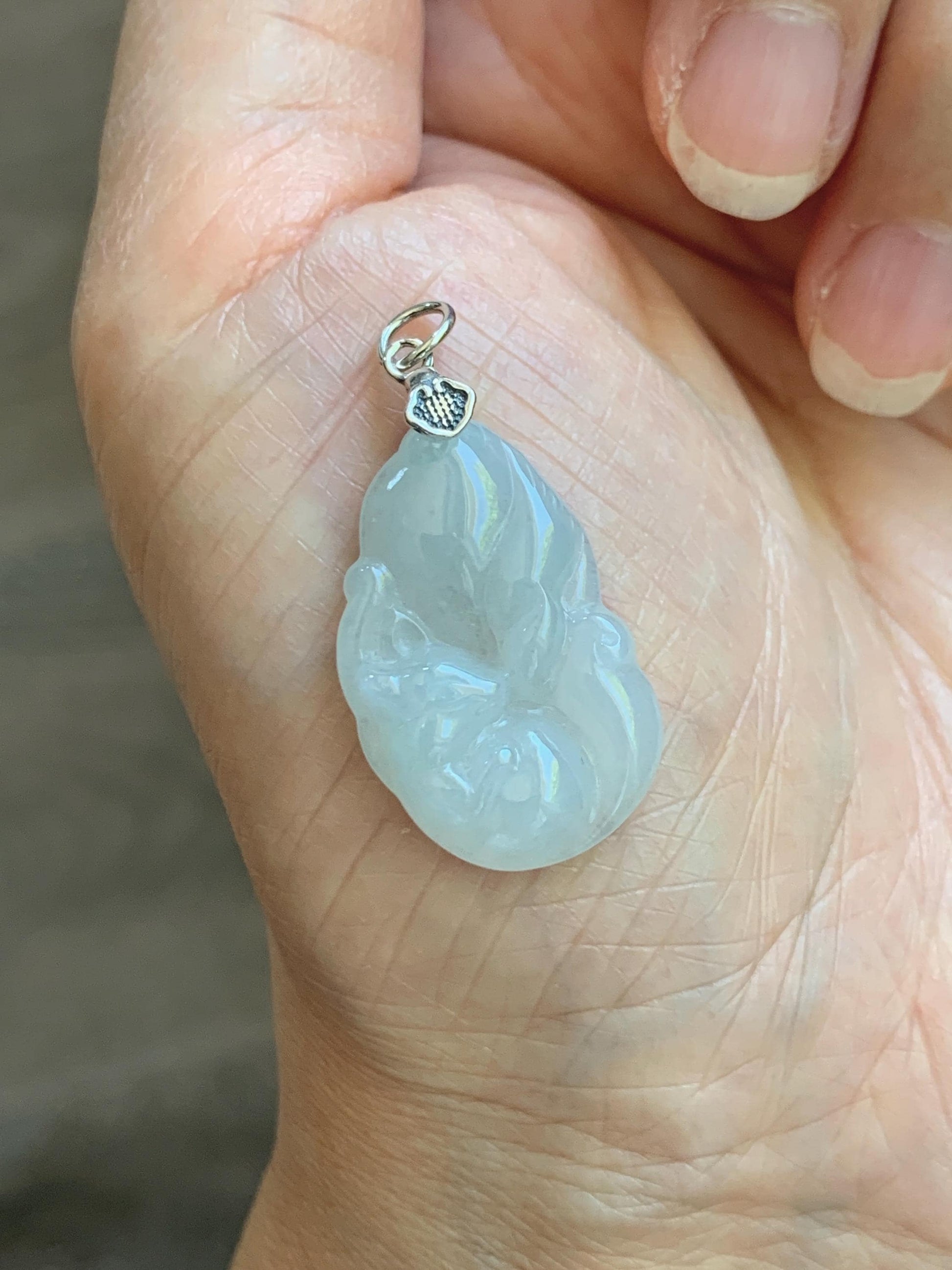 Natural Grade A Icy Translucent White Pale Green Undertone Jade Jadeite Nine-tailed Fox Pendant Sterling Silver 3g 天然冰胶淡青底翡翠九尾狐吊坠 MKA240N