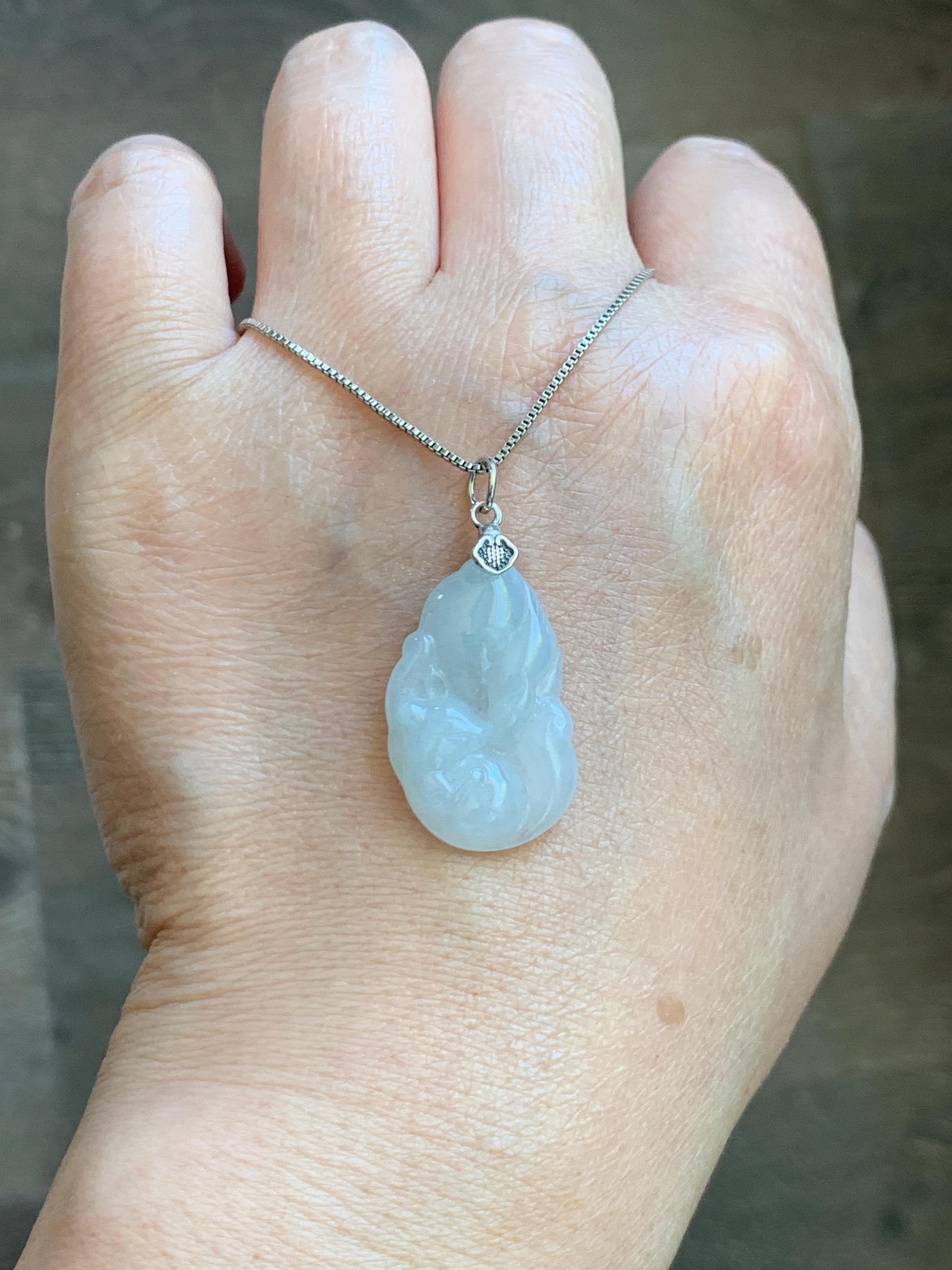 Natural Grade A Icy Translucent White Pale Green Undertone Jade Jadeite Nine-tailed Fox Pendant Sterling Silver 3g 天然冰胶淡青底翡翠九尾狐吊坠 MKA240N