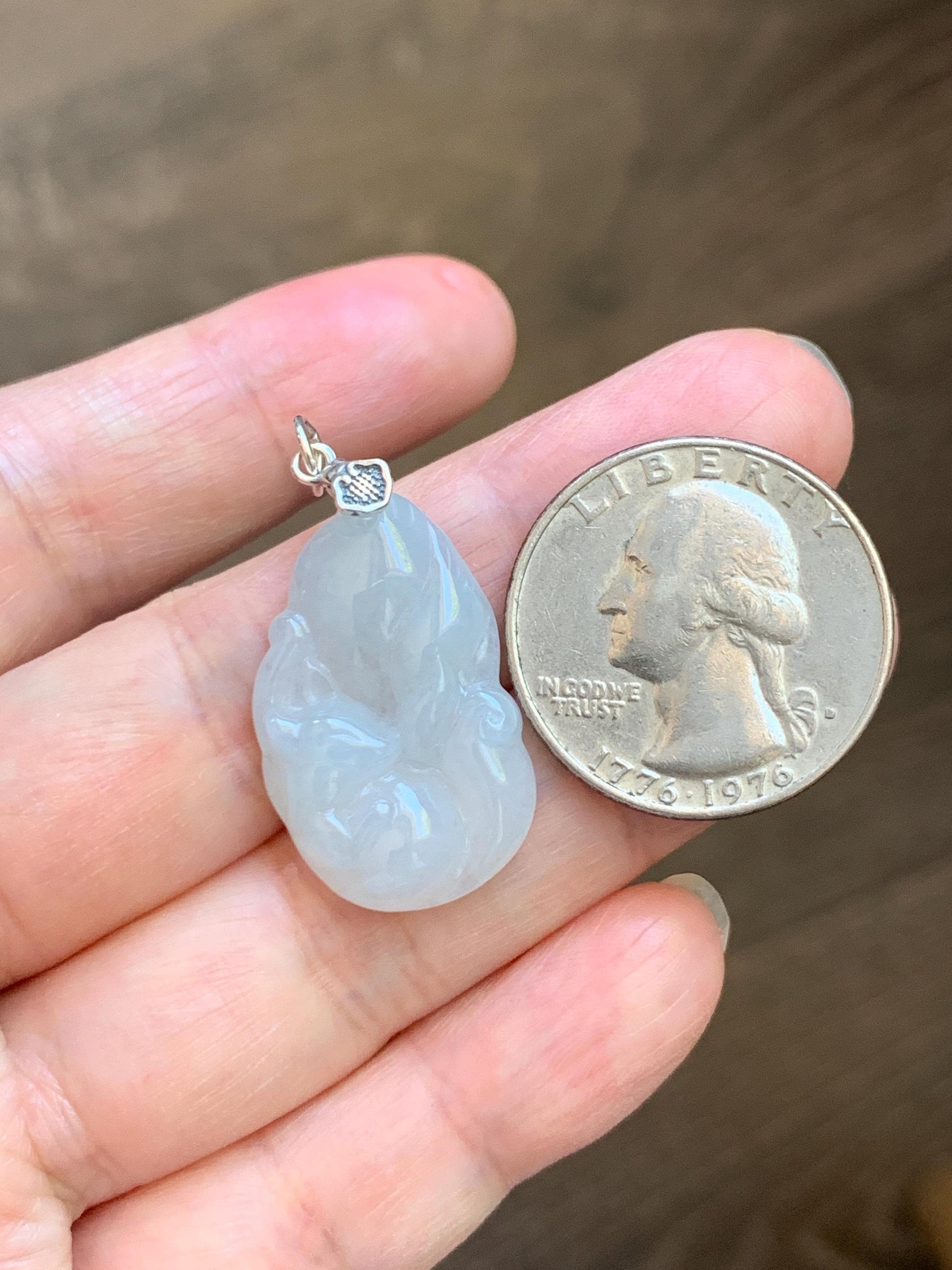Natural Grade A Icy Translucent White Pale Green Undertone Jade Jadeite Nine-tailed Fox Pendant Sterling Silver 3g 天然冰胶淡青底翡翠九尾狐吊坠 MKA240N