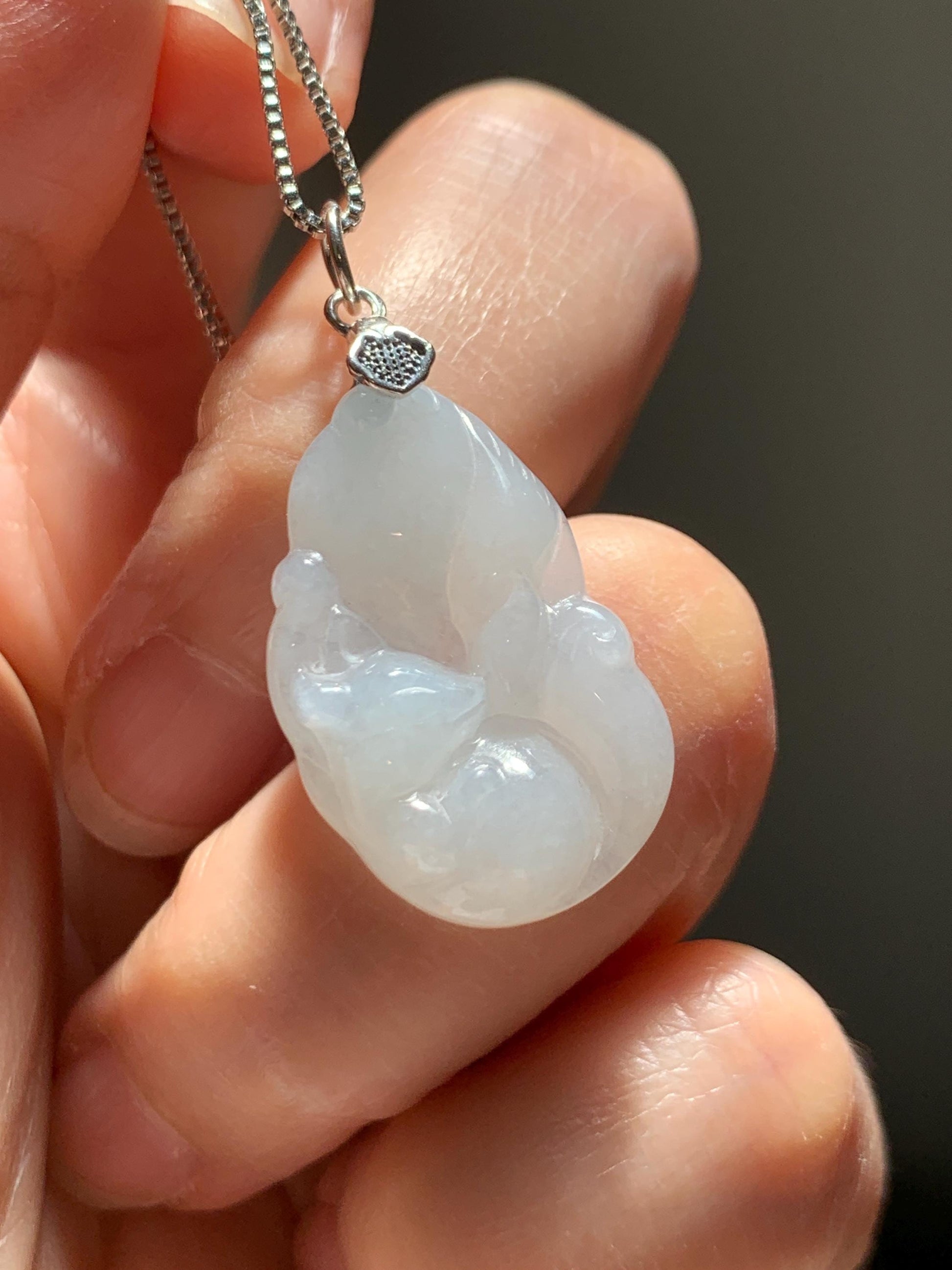 Natural Grade A Icy Translucent White Pale Green Undertone Jade Jadeite Nine-tailed Fox Pendant Sterling Silver 3g 天然冰胶淡青底翡翠九尾狐吊坠 MKA240N