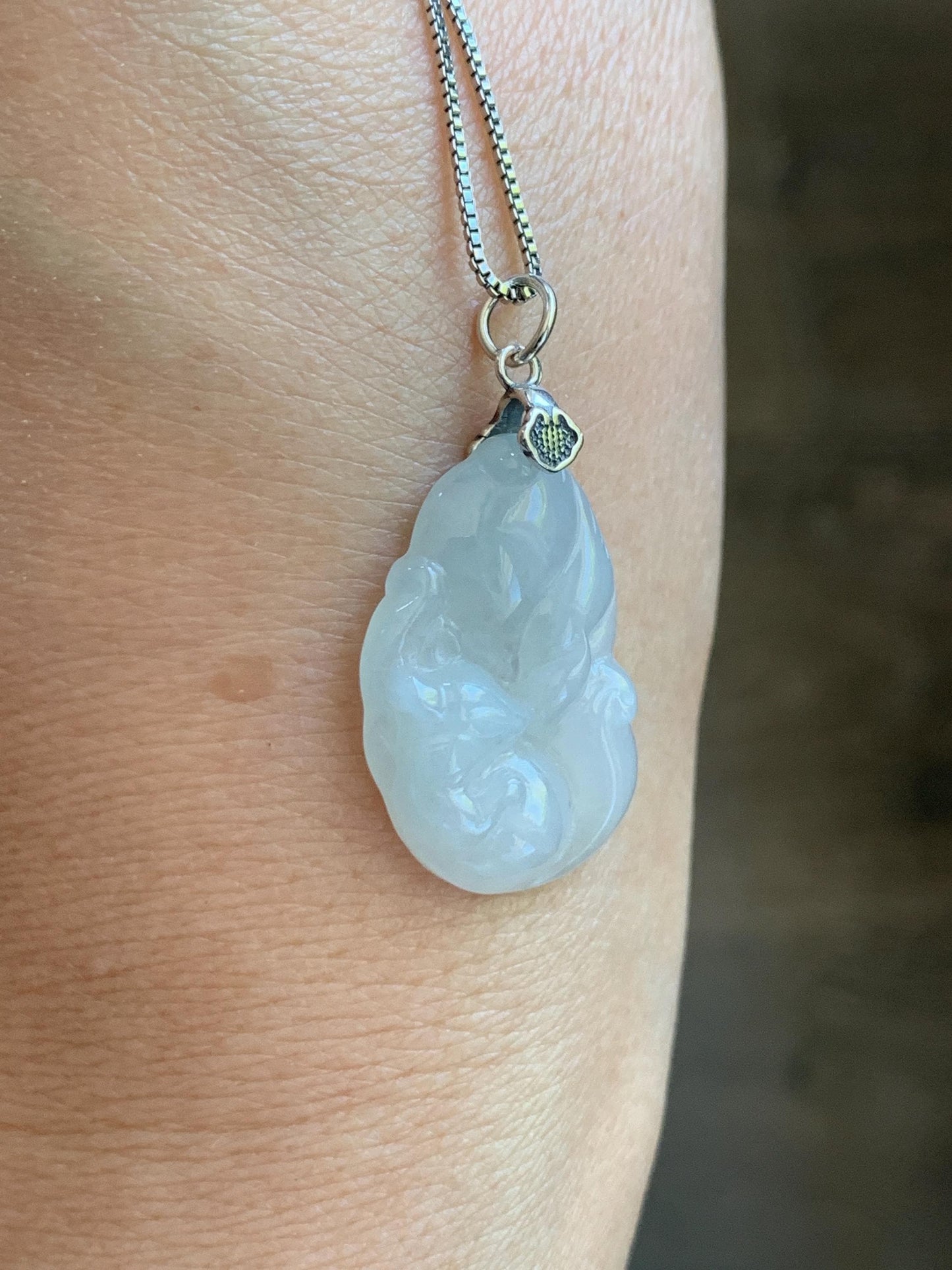 Natural Grade A Icy Translucent White Pale Green Undertone Jade Jadeite Nine-tailed Fox Pendant Sterling Silver 3g 天然冰胶淡青底翡翠九尾狐吊坠 MKA240N