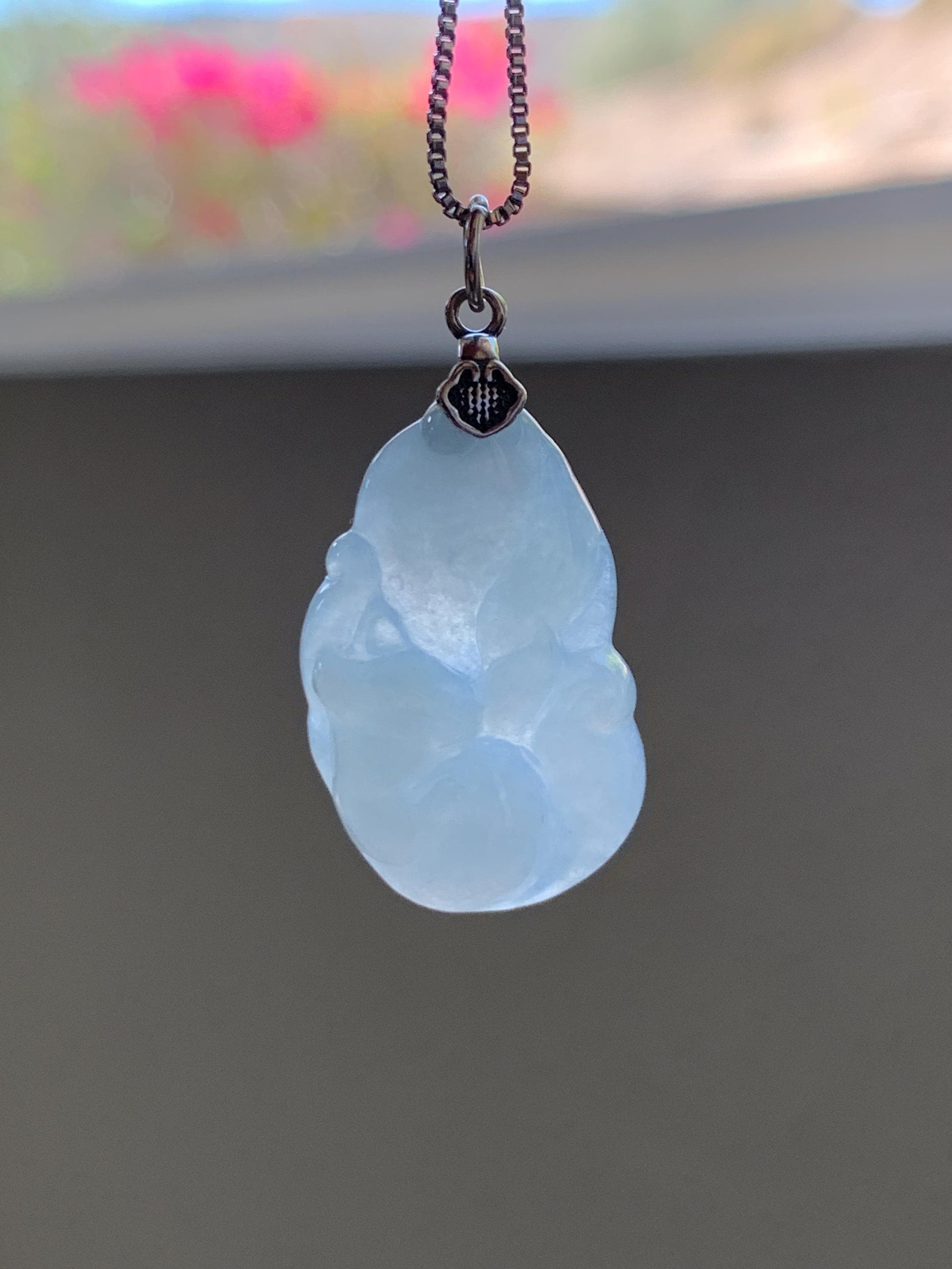 Natural Grade A Icy Translucent White Pale Green Undertone Jade Jadeite Nine-tailed Fox Pendant Sterling Silver 3g 天然冰胶淡青底翡翠九尾狐吊坠 MKA240N