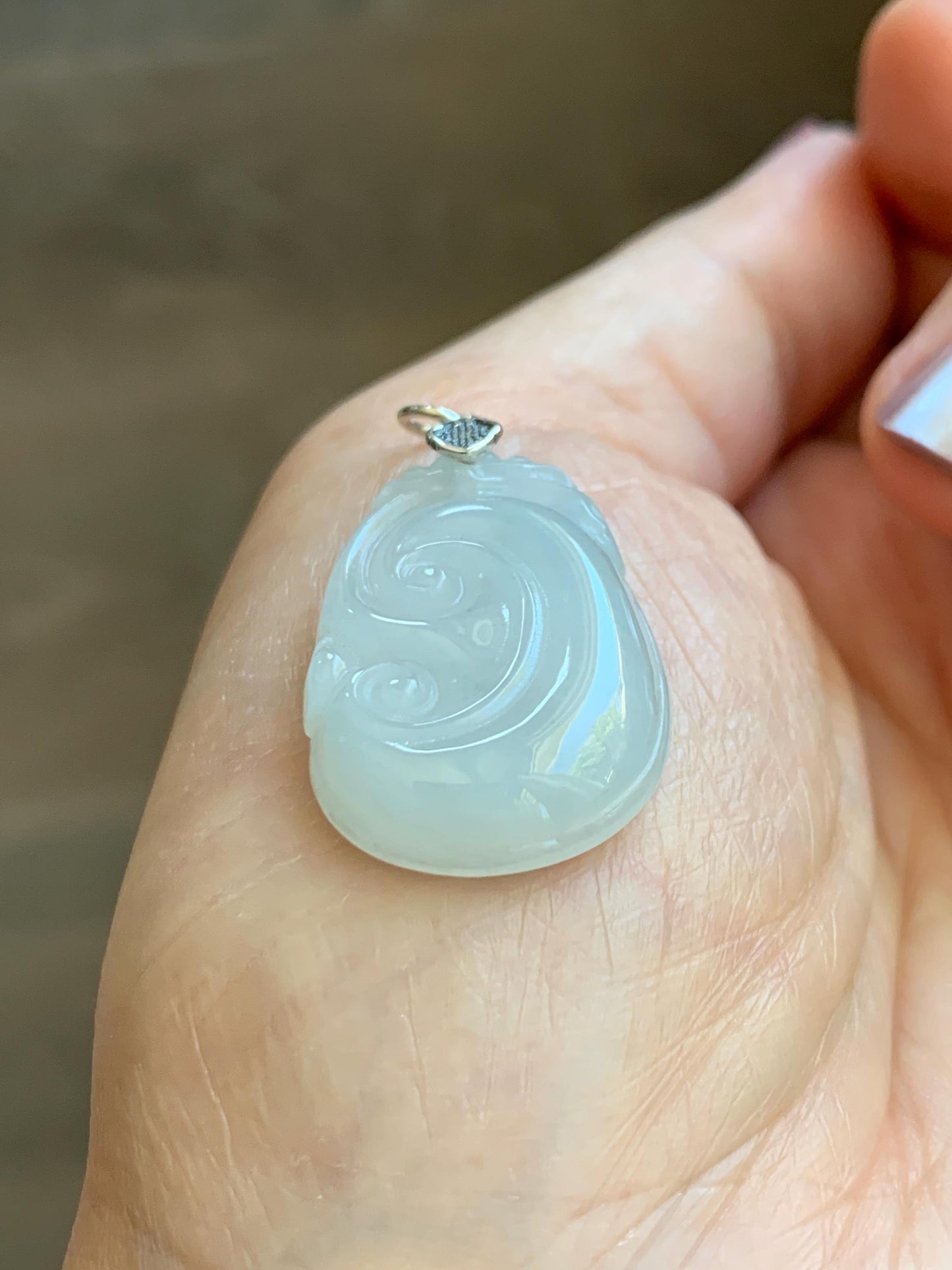 Natural Grade A Icy Translucent White Jade Jadeite Carved Ruyi Pendant Sterling Silver 6g 天然白冰胶翡翠如意吊坠 MKA240W