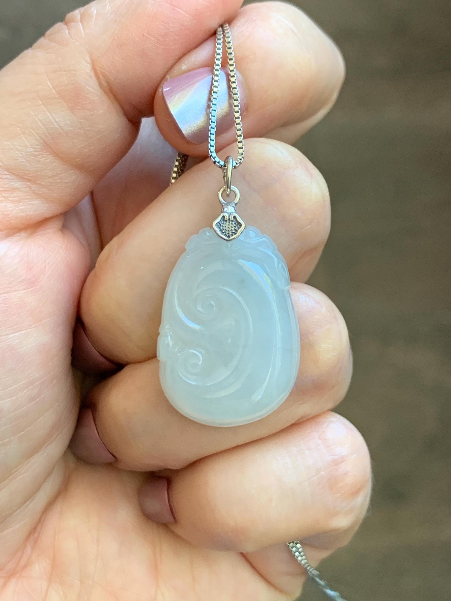 Natural Grade A Icy Translucent White Jade Jadeite Carved Ruyi Pendant Sterling Silver 6g 天然白冰胶翡翠如意吊坠 MKA240W