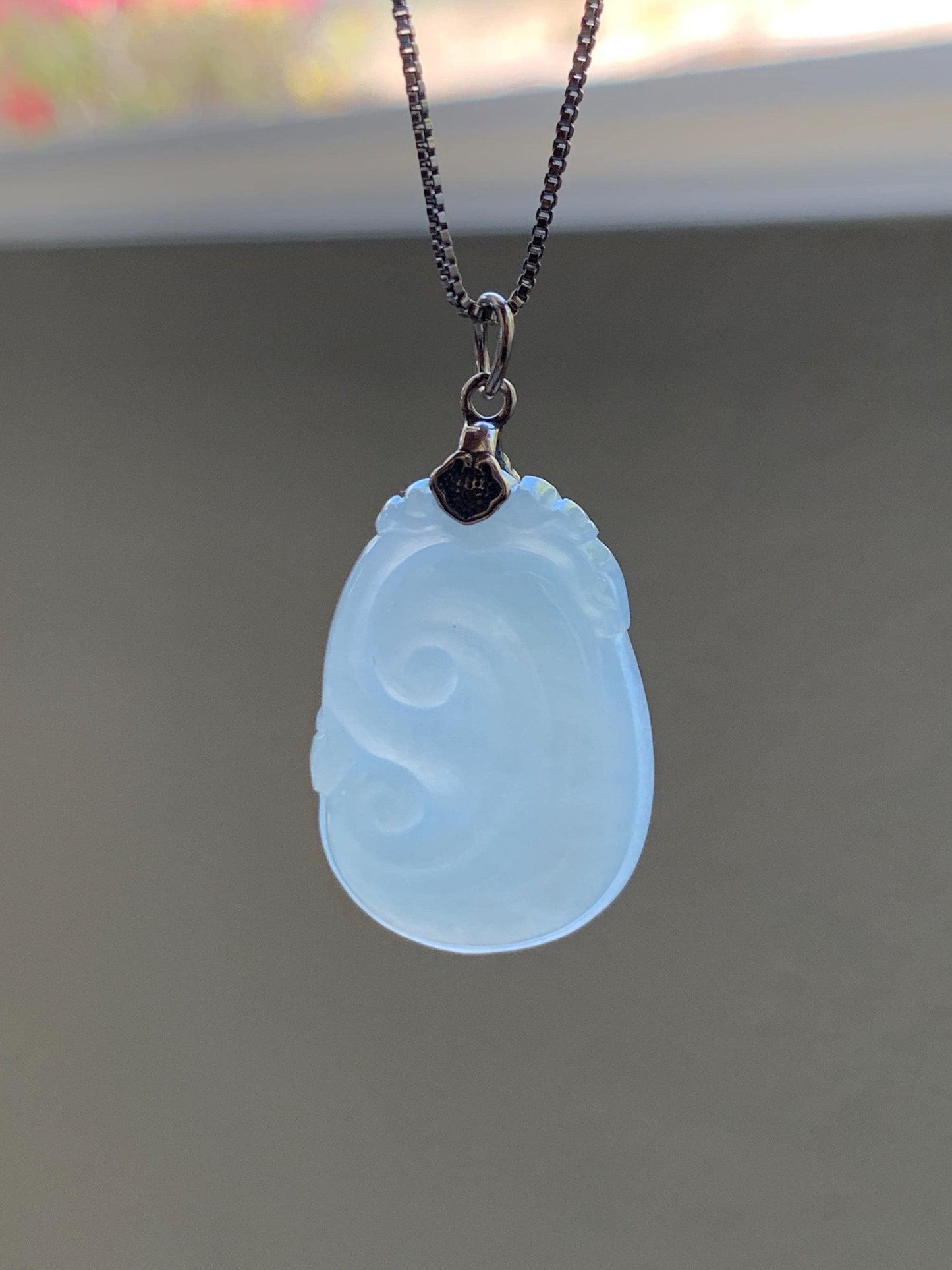 Natural Grade A Icy Translucent White Jade Jadeite Carved Ruyi Pendant Sterling Silver 6g 天然白冰胶翡翠如意吊坠 MKA240W