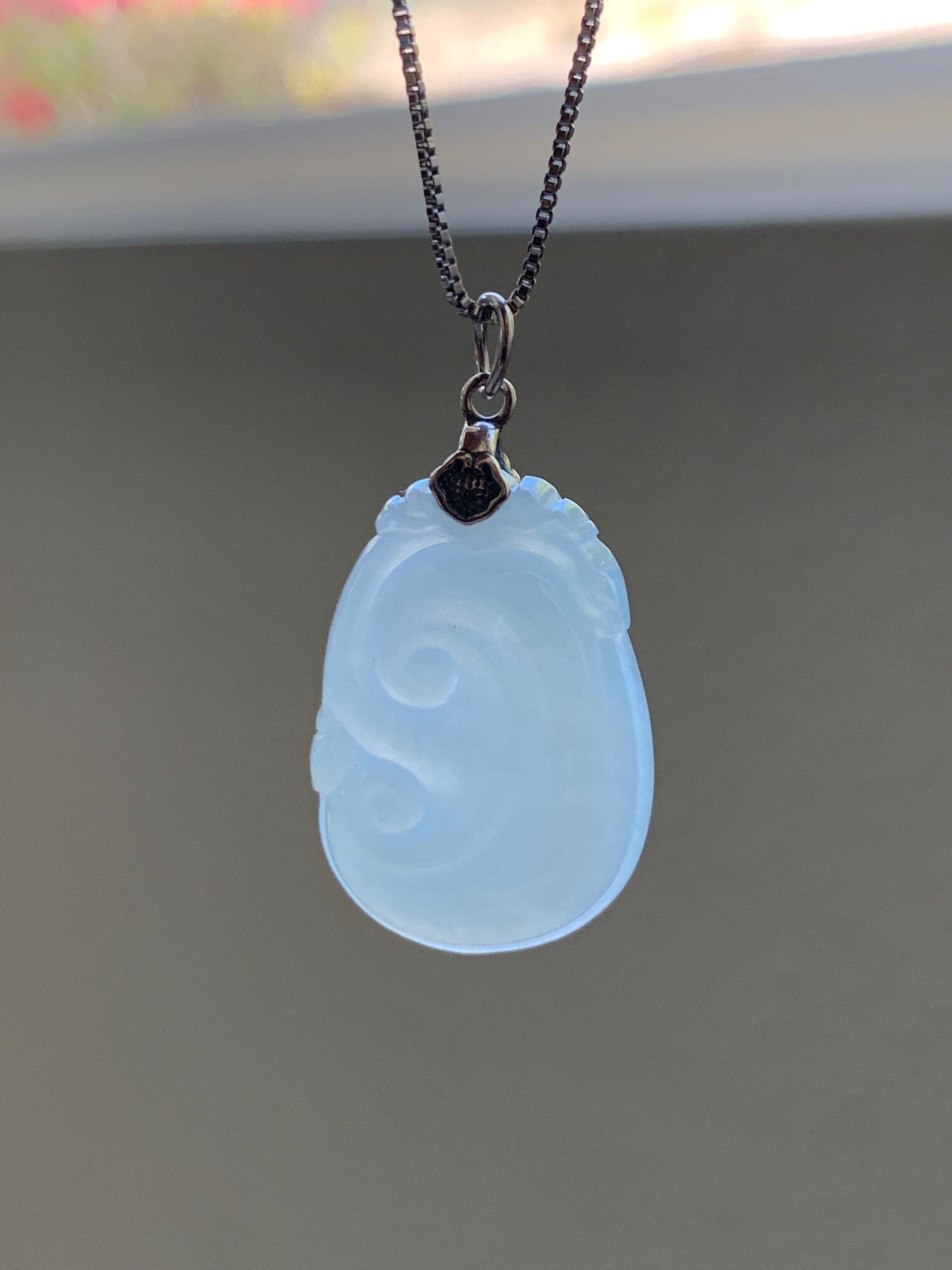 Natural Grade A Icy Translucent White Jade Jadeite Carved Ruyi Pendant Sterling Silver 6g 天然白冰胶翡翠如意吊坠 MKA240W