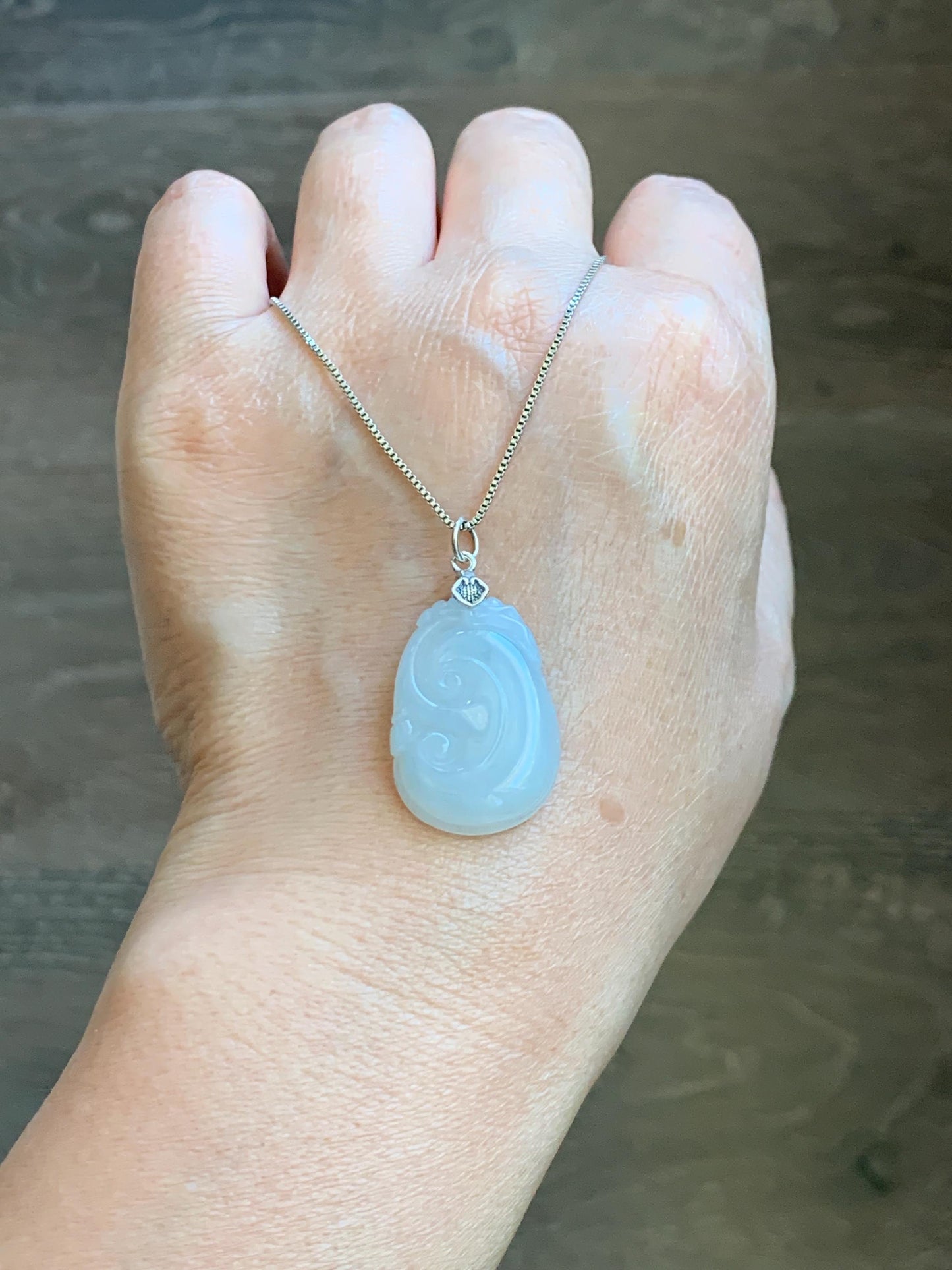 Natural Grade A Icy Translucent White Jade Jadeite Carved Ruyi Pendant Sterling Silver 6g 天然白冰胶翡翠如意吊坠 MKA240W