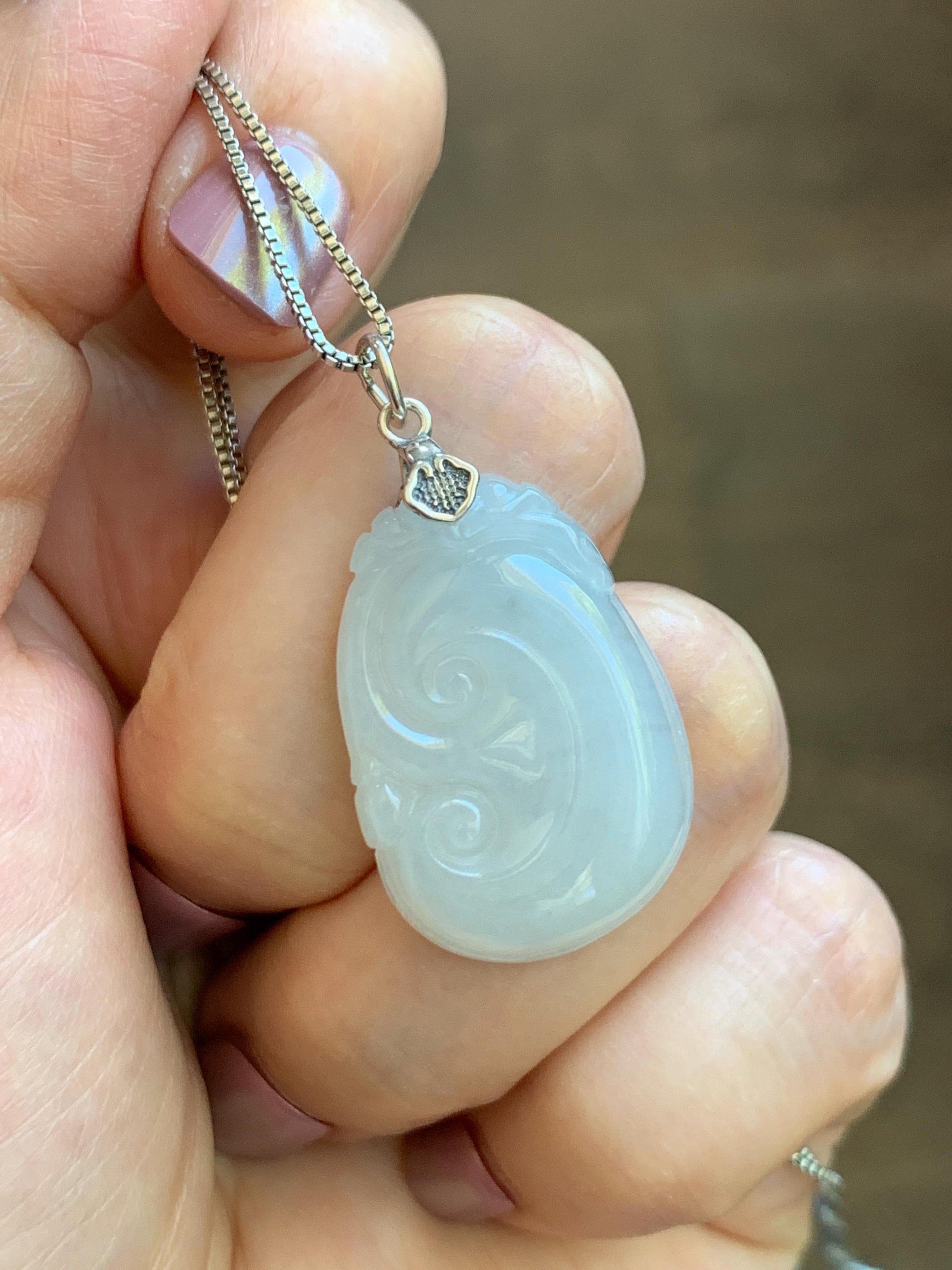Natural Grade A Icy Translucent White Jade Jadeite Carved Ruyi Pendant Sterling Silver 6g 天然白冰胶翡翠如意吊坠 MKA240W