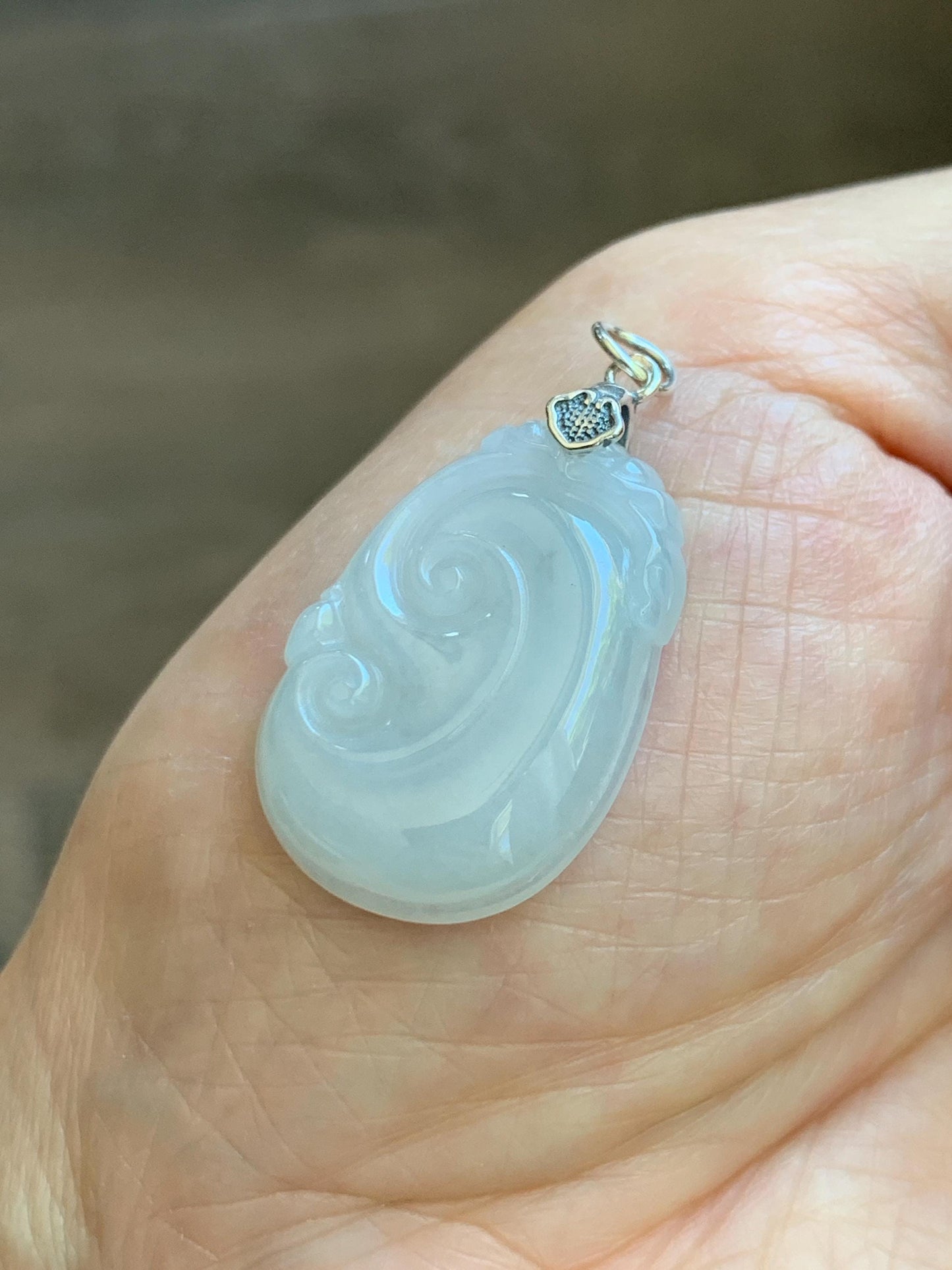 Natural Grade A Icy Translucent White Jade Jadeite Carved Ruyi Pendant Sterling Silver 6g 天然白冰胶翡翠如意吊坠 MKA240W