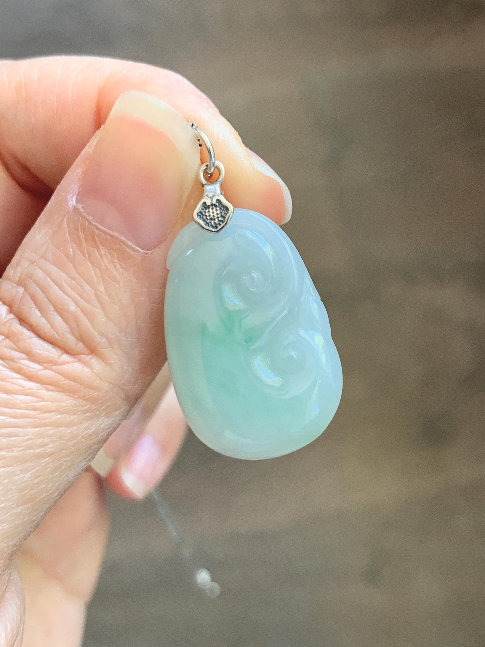 Natural Grade A Icy Translucent Light Green Jade Jadeite Carved Ruyi Pendant Sterling Silver 3g 天然冰胶晴底翡翠如意吊坠 MKA240G