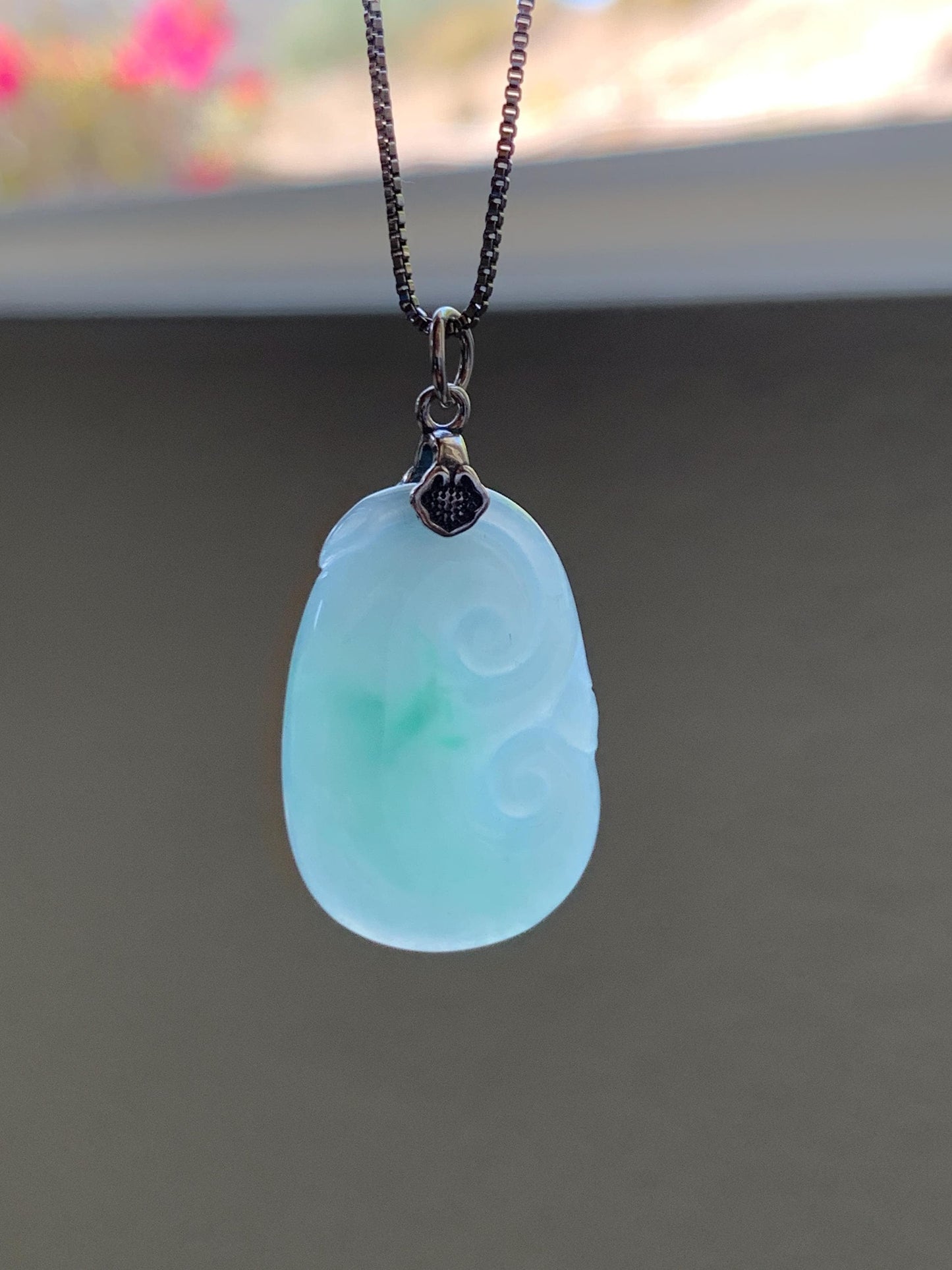 Natural Grade A Icy Translucent Light Green Jade Jadeite Carved Ruyi Pendant Sterling Silver 3g 天然冰胶晴底翡翠如意吊坠 MKA240G