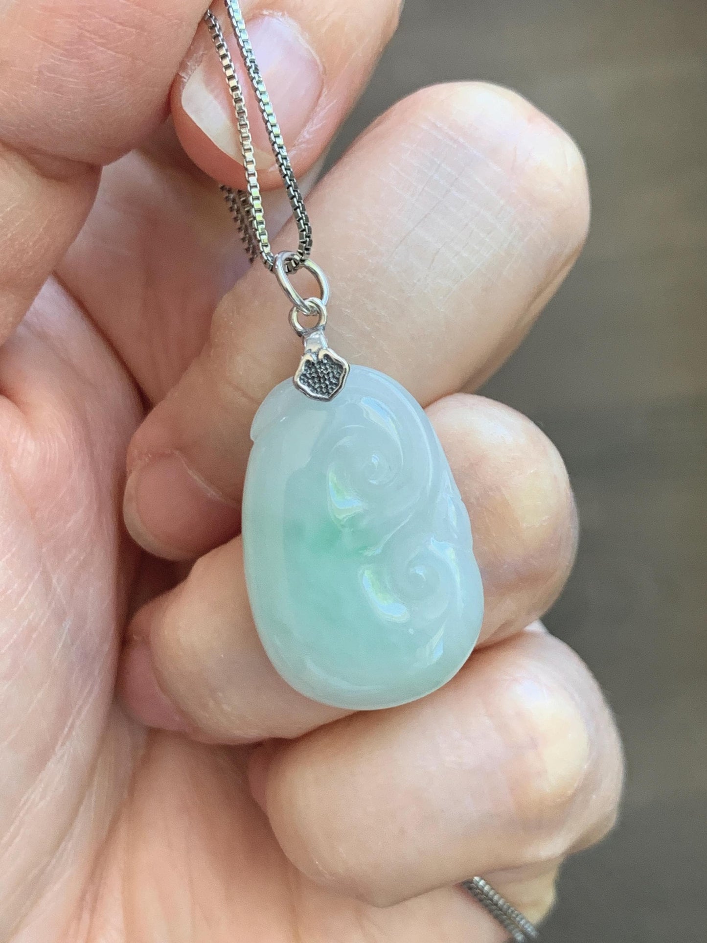 Natural Grade A Icy Translucent Light Green Jade Jadeite Carved Ruyi Pendant Sterling Silver 3g 天然冰胶晴底翡翠如意吊坠 MKA240G