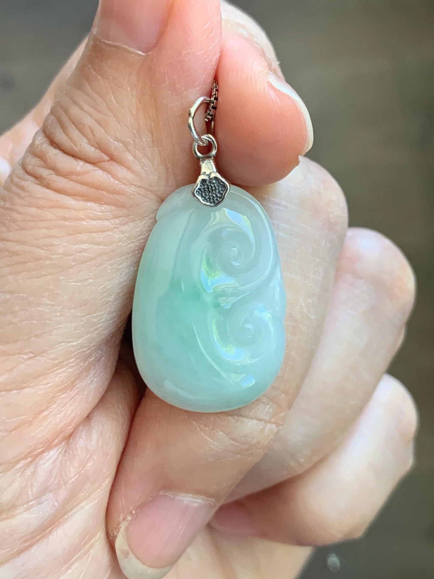Natural Grade A Icy Translucent Light Green Jade Jadeite Carved Ruyi Pendant Sterling Silver 3g 天然冰胶晴底翡翠如意吊坠 MKA240G