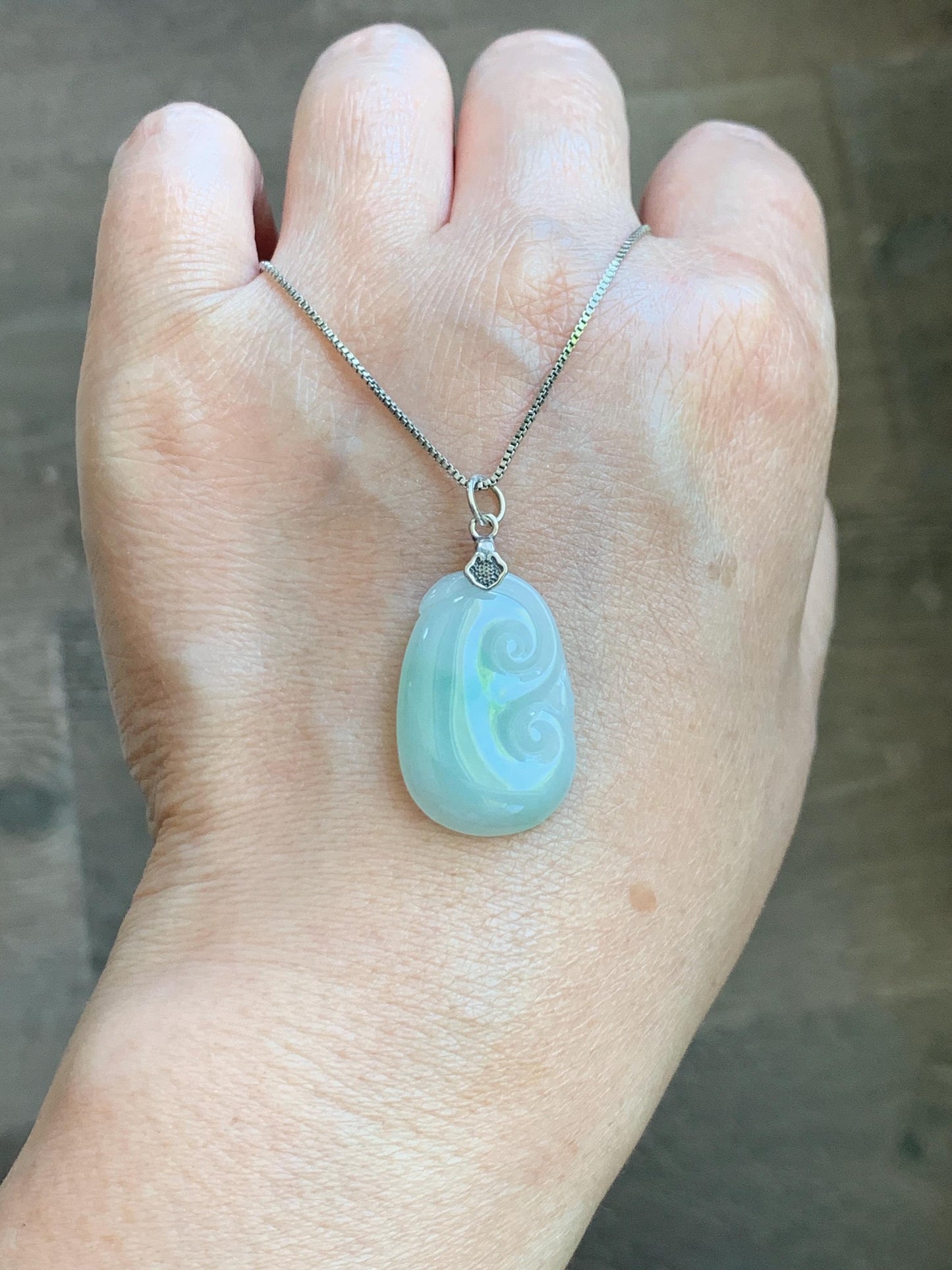 Natural Grade A Icy Translucent Light Green Jade Jadeite Carved Ruyi Pendant Sterling Silver 3g 天然冰胶晴底翡翠如意吊坠 MKA240G