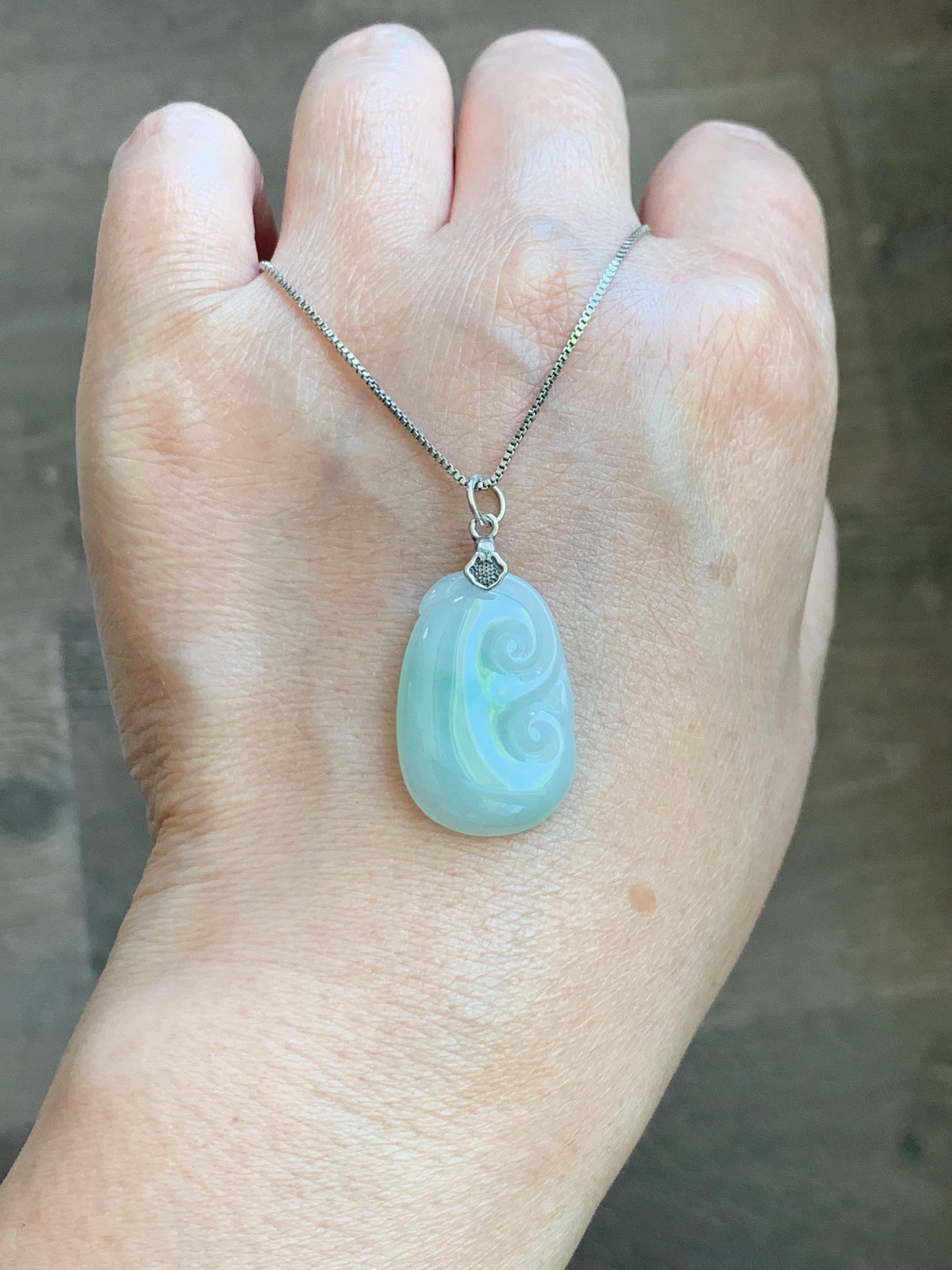 Natural Grade A Icy Translucent Light Green Jade Jadeite Carved Ruyi Pendant Sterling Silver 3g 天然冰胶晴底翡翠如意吊坠 MKA240G