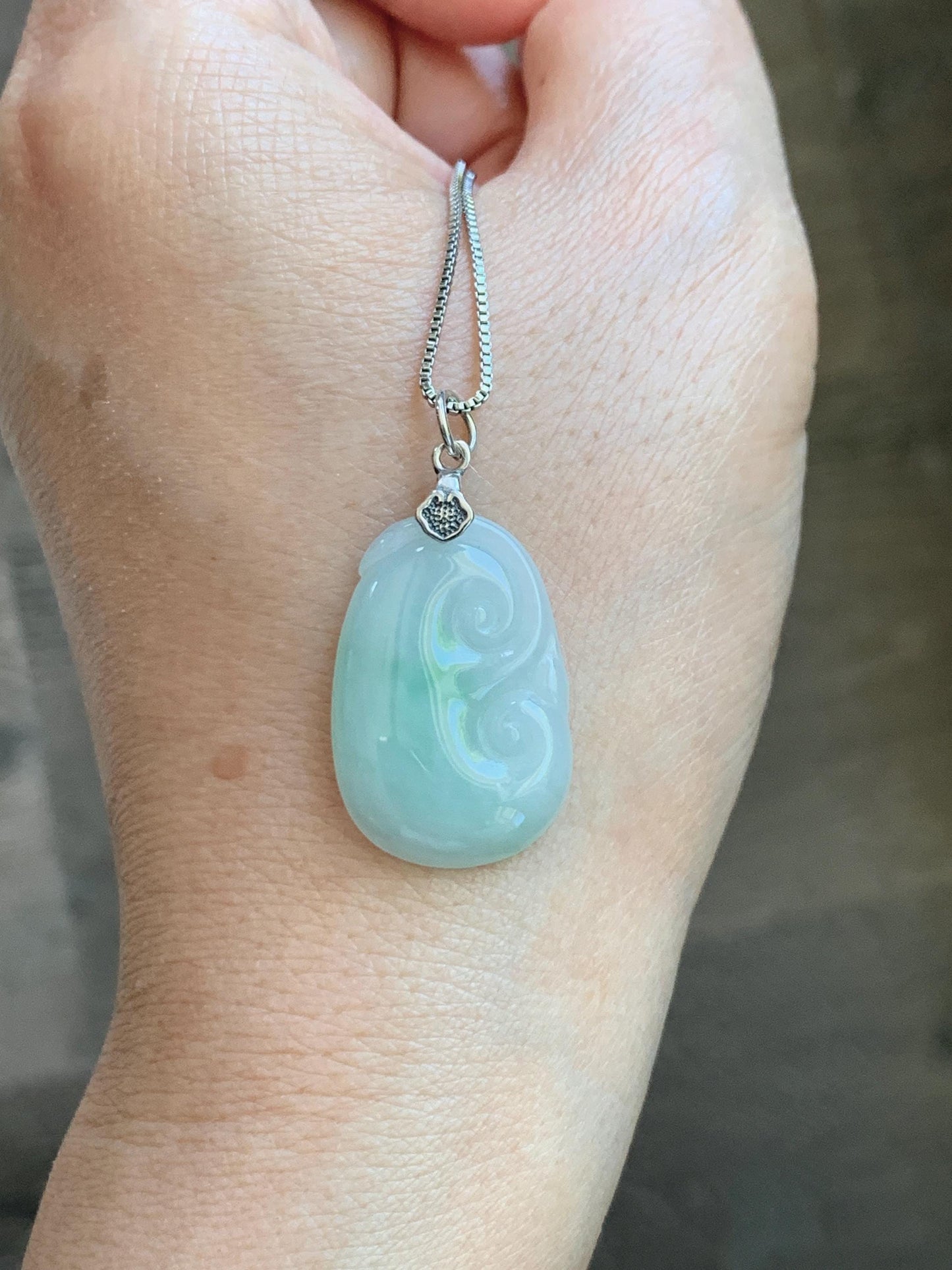 Natural Grade A Icy Translucent Light Green Jade Jadeite Carved Ruyi Pendant Sterling Silver 3g 天然冰胶晴底翡翠如意吊坠 MKA240G