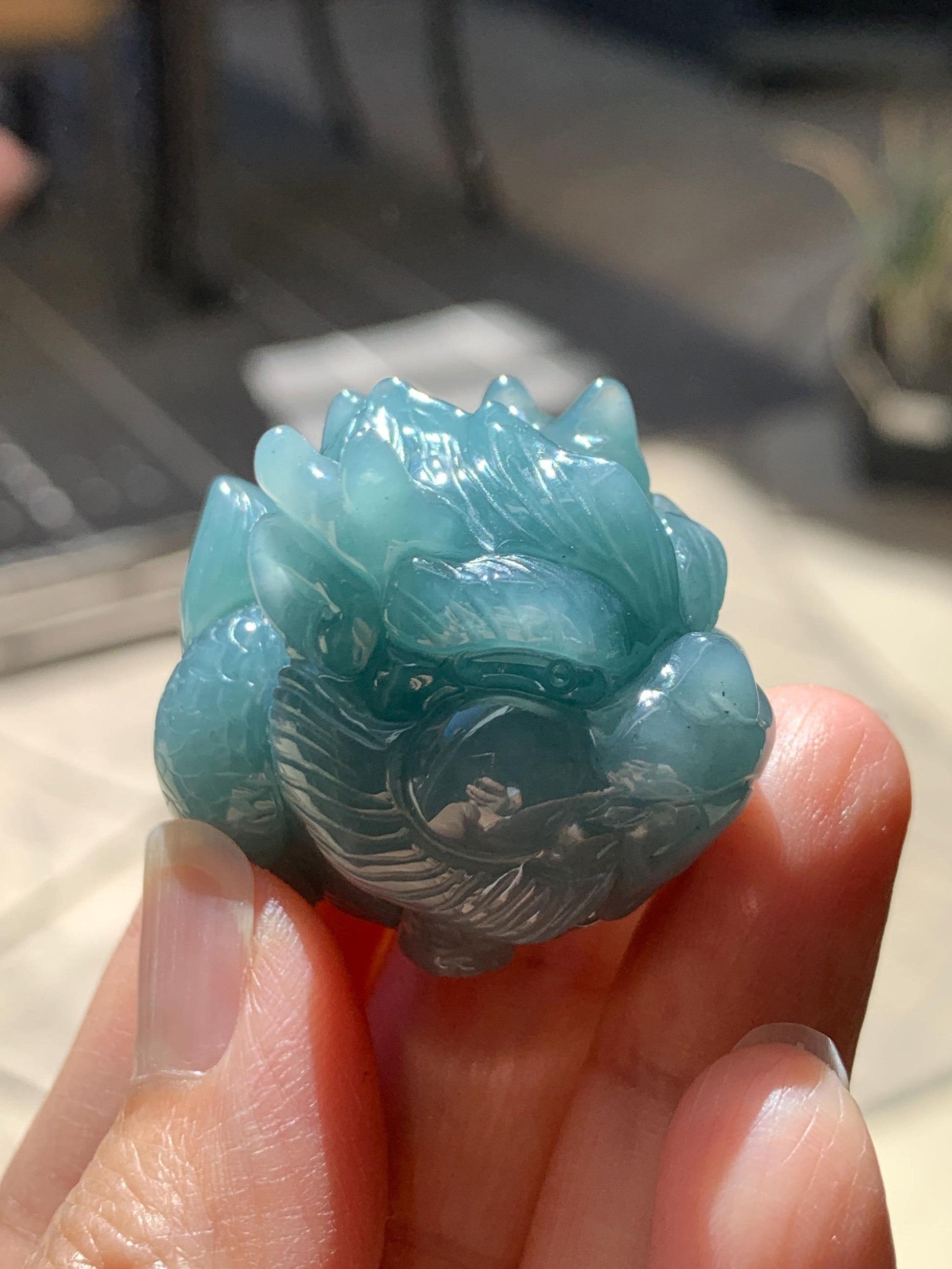 Certified Grade A Natural Guatemalan Dark Teal Blue Jade Jadeite Carved Baby Pixiu Tea Pal Small Home Decor 49g 天然冰危深蓝绿翡翠貔貅宝宝茶宠 260