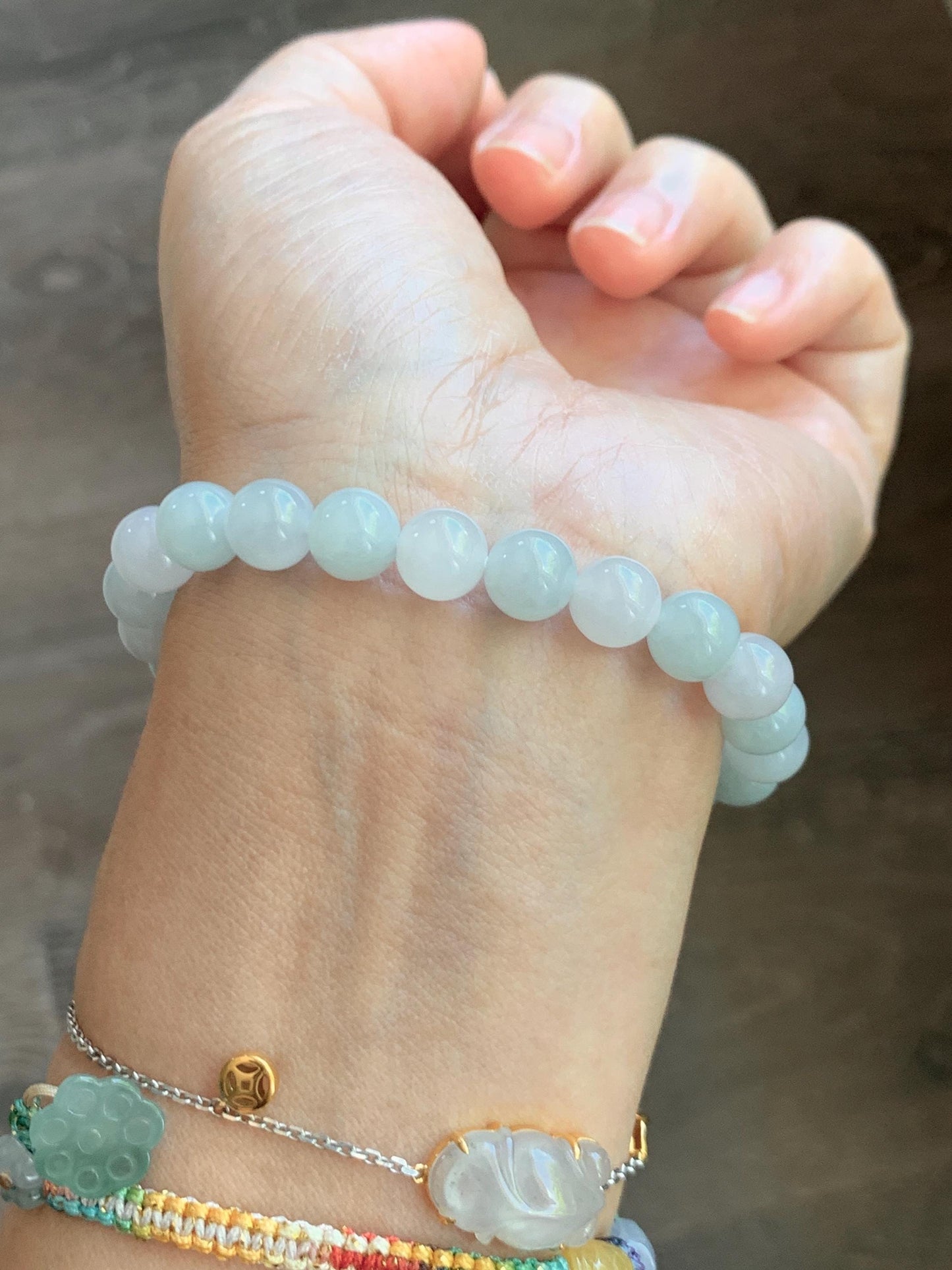 Natural Grade A Icy Translucent White & Pastel Green Jade Jadeite Round Beads Beaded Bracelet 8mm 6.75" 20g 天然冰胶多宝翡翠圆珠手串 MBB220
