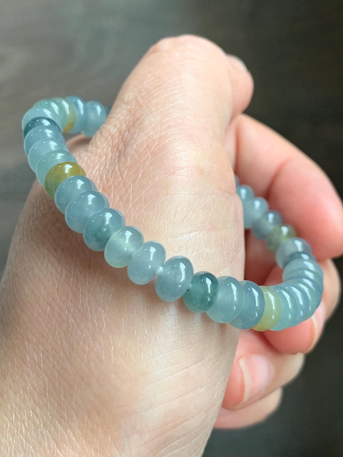 Natural Grade A Guatemalan Icy Highly Translucent Light Teal & Yellow Jade Jadeite Drum Beads Beaded Bracelet 6.5” 16g 天然冰胶危蓝加黄翡翠鼓珠手串WQD580A