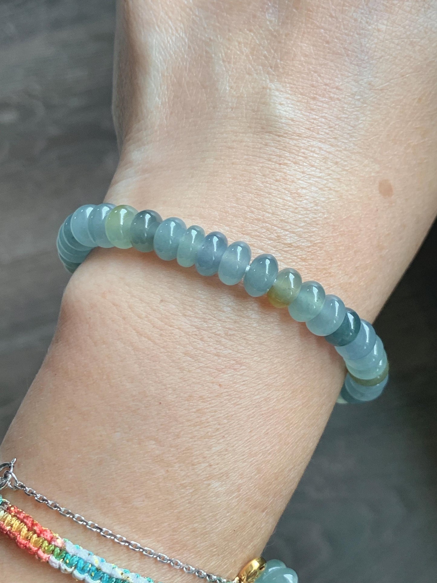 Natural Grade A Guatemalan Icy Highly Translucent Light Teal & Yellow Jade Jadeite Drum Beads Beaded Bracelet 6.5” 16g 天然冰胶危蓝加黄翡翠鼓珠手串WQD580A