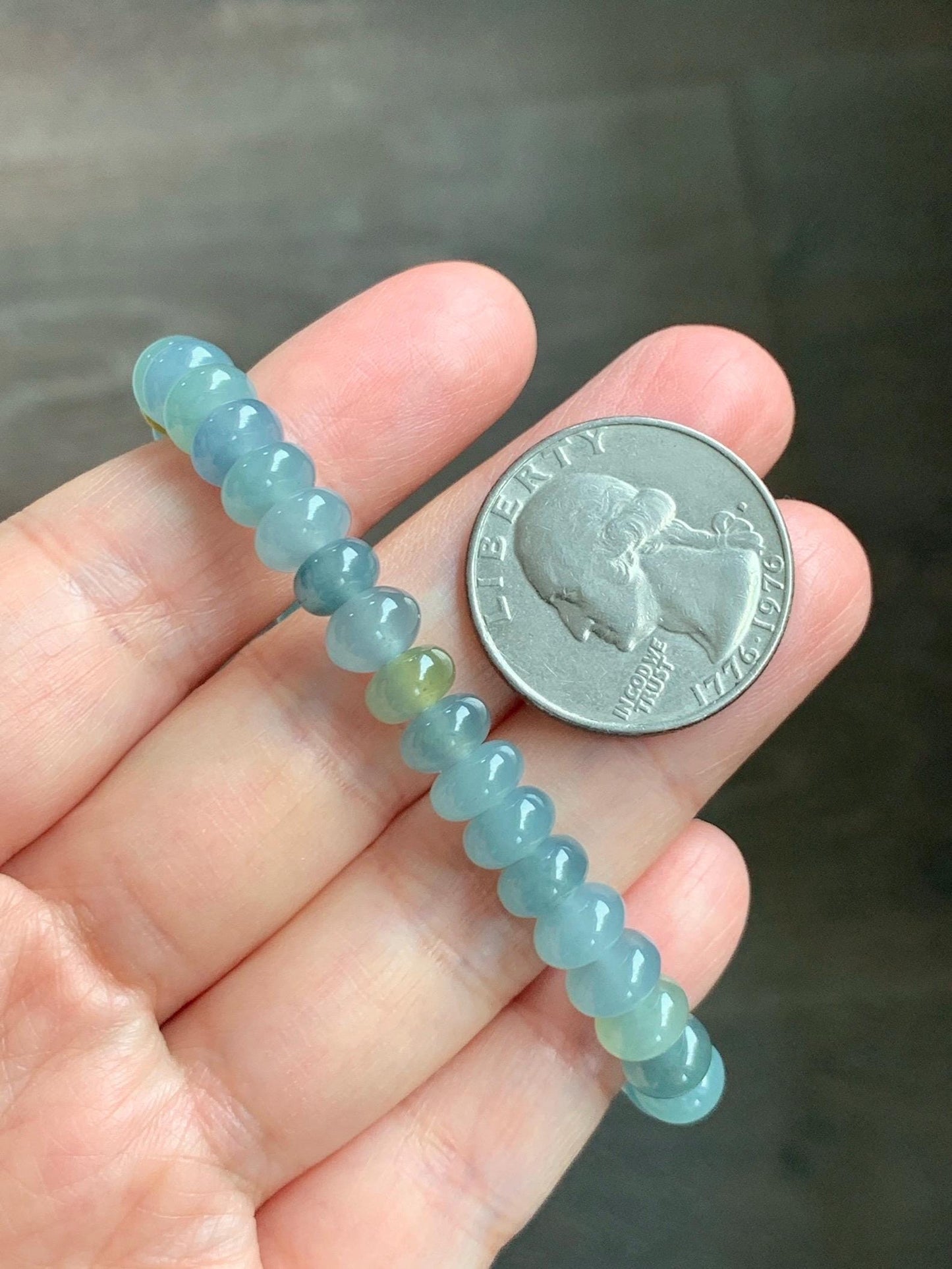 Natural Grade A Guatemalan Icy Highly Translucent Light Teal & Yellow Jade Jadeite Drum Beads Beaded Bracelet 6.5” 16g 天然冰胶危蓝加黄翡翠鼓珠手串WQD580A