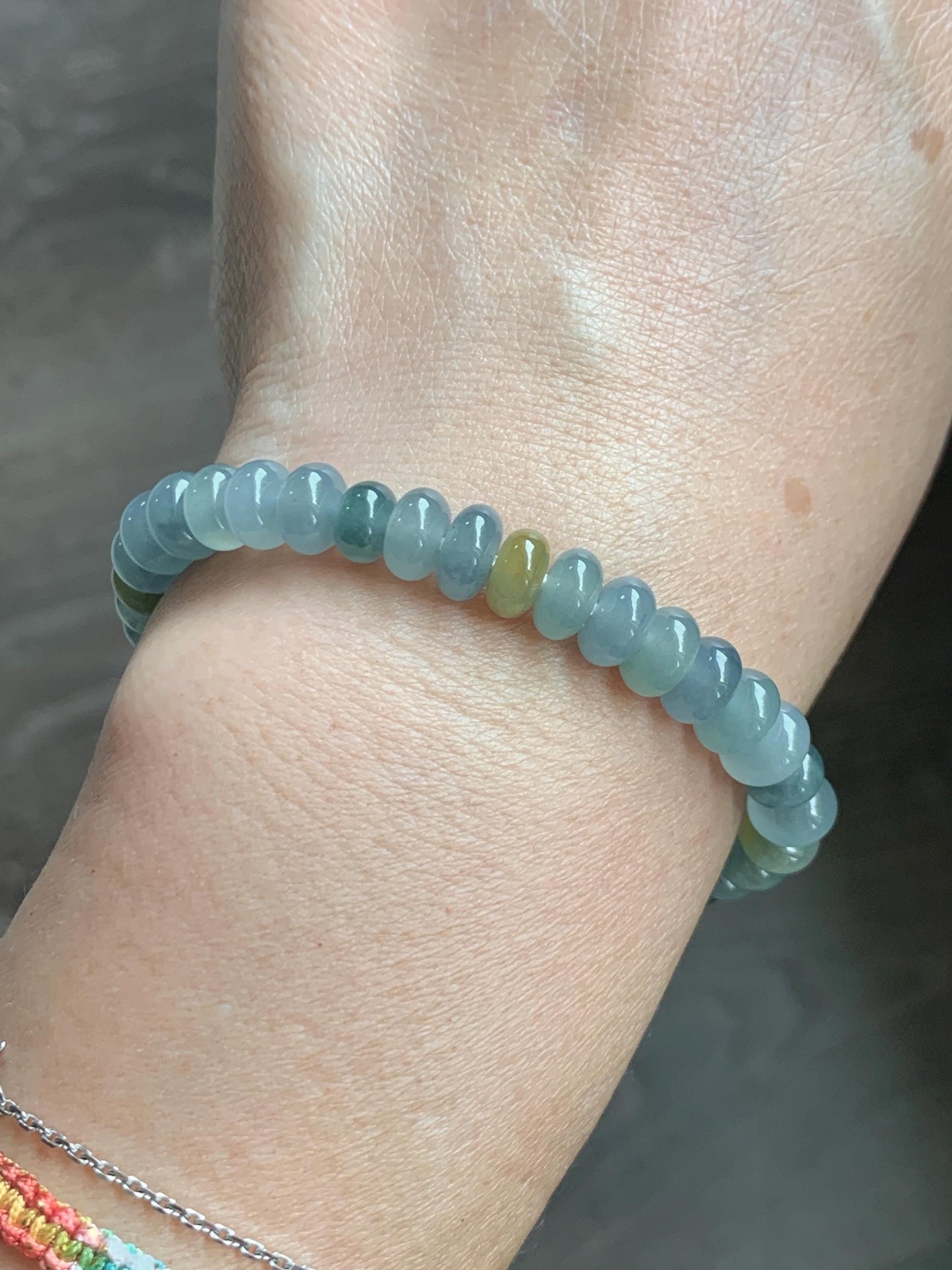 Natural Grade A Guatemalan Icy Highly Translucent Light Teal & Yellow Jade Jadeite Drum Beads Beaded Bracelet 6.5” 16g 天然冰胶危蓝加黄翡翠鼓珠手串WQD580A
