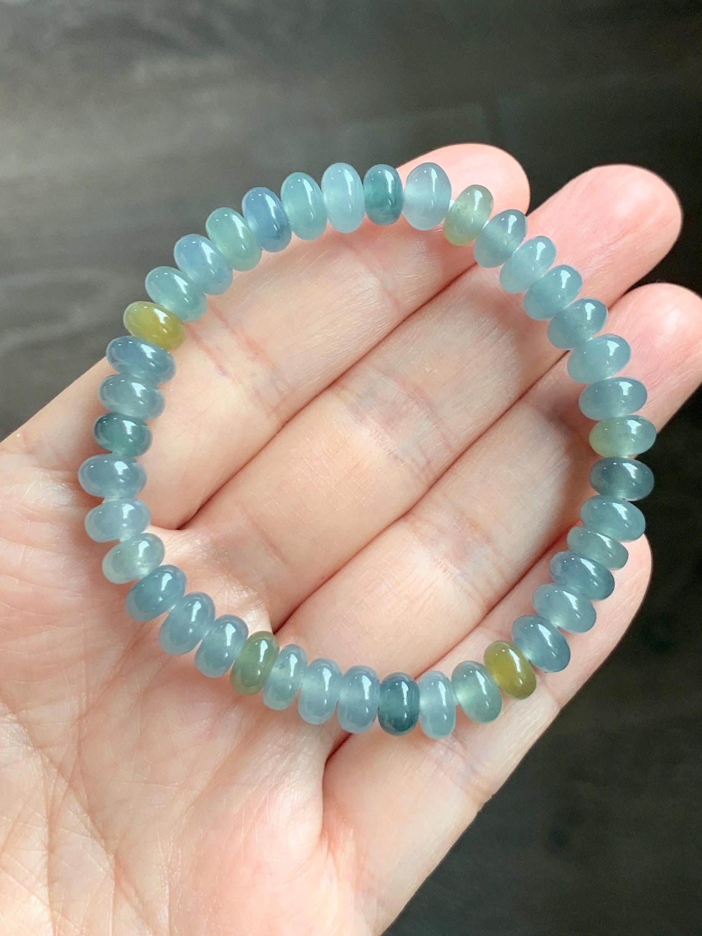 Natural Grade A Guatemalan Icy Highly Translucent Light Teal & Yellow Jade Jadeite Drum Beads Beaded Bracelet 6.5” 16g 天然冰胶危蓝加黄翡翠鼓珠手串WQD580A