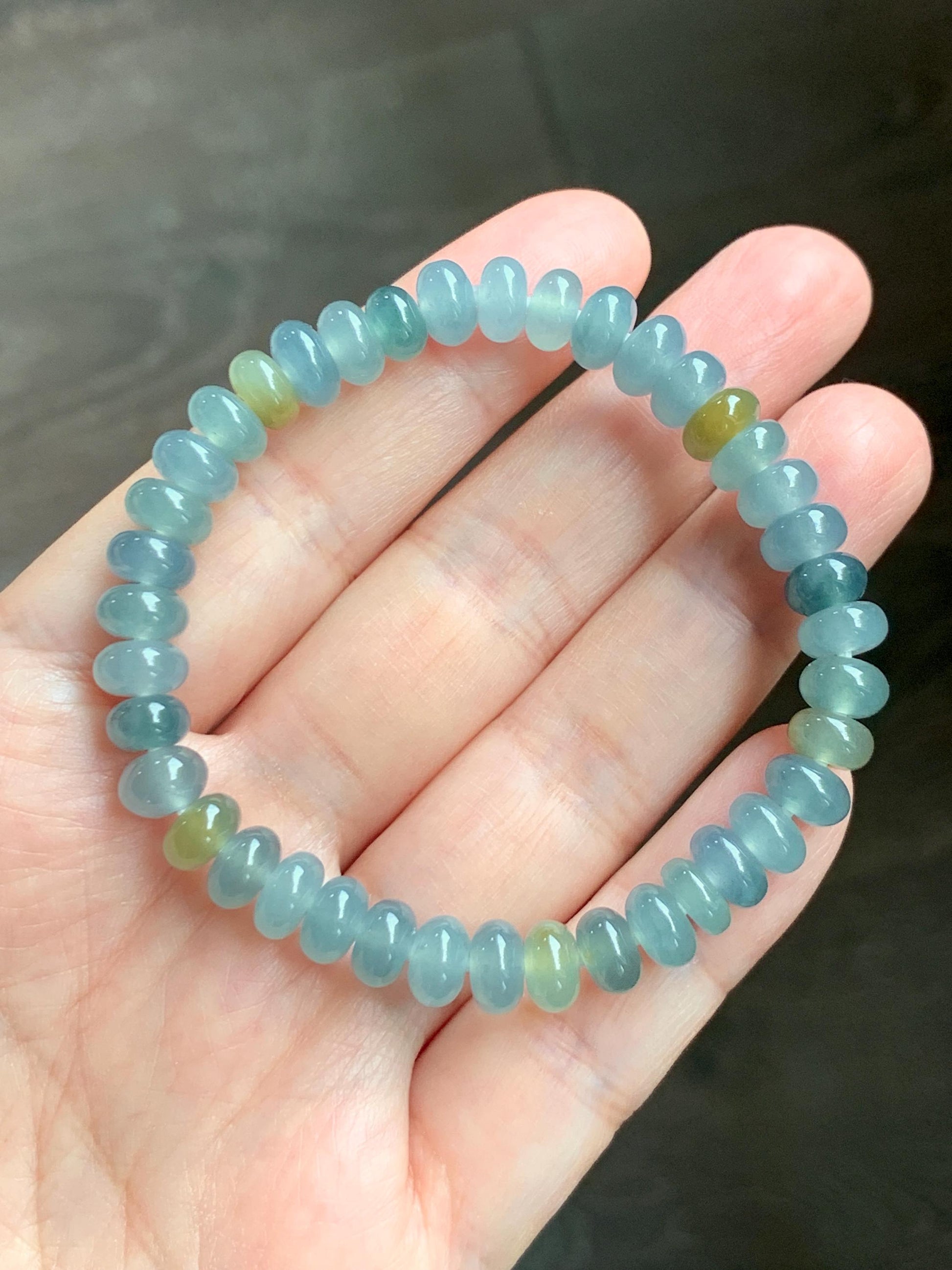 Natural Grade A Guatemalan Icy Highly Translucent Light Teal & Yellow Jade Jadeite Drum Beads Beaded Bracelet 6.5” 16g 天然冰胶危蓝加黄翡翠鼓珠手串WQD580A