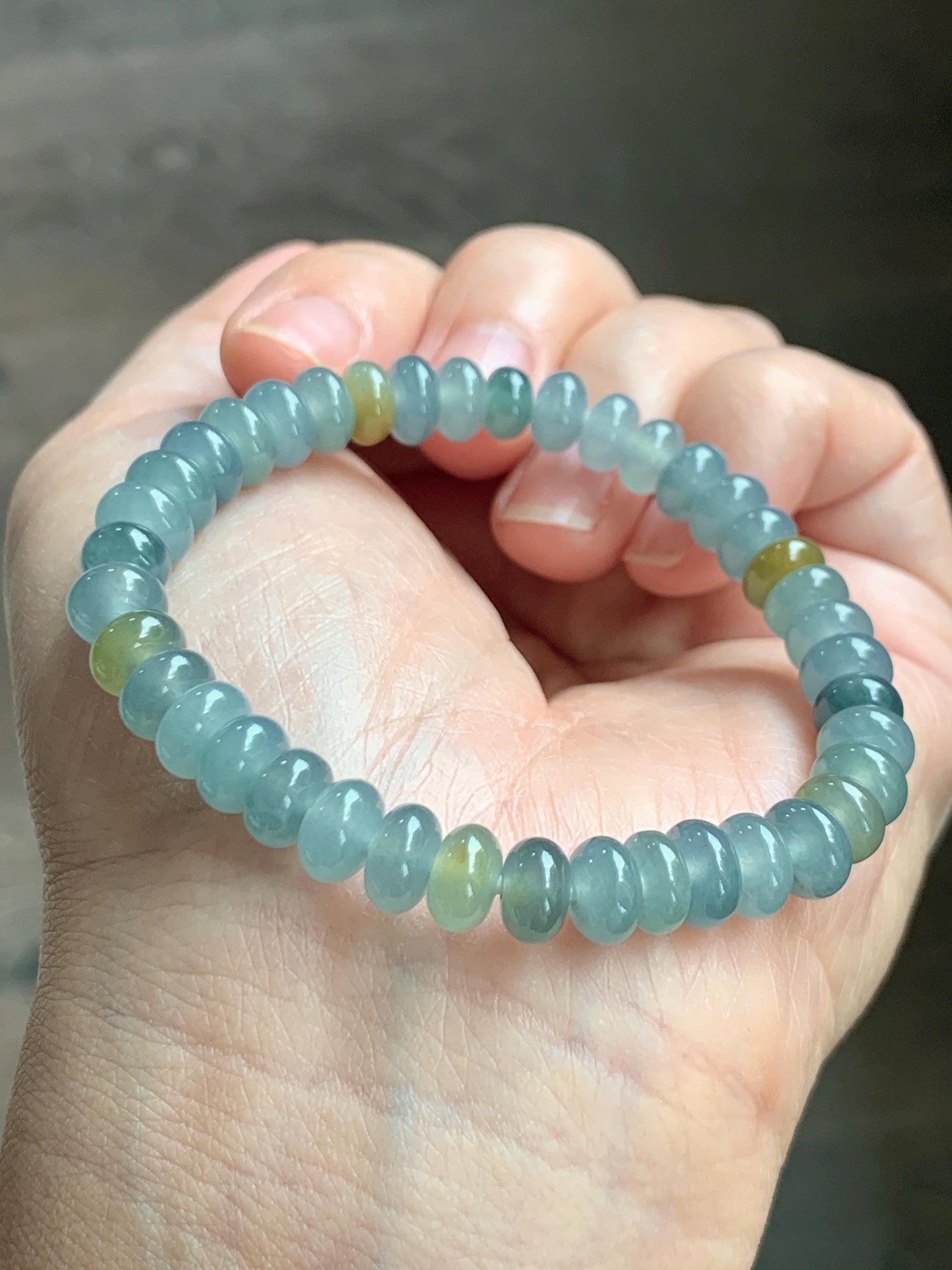 Natural Grade A Guatemalan Icy Highly Translucent Light Teal & Yellow Jade Jadeite Drum Beads Beaded Bracelet 6.5” 16g 天然冰胶危蓝加黄翡翠鼓珠手串WQD580A