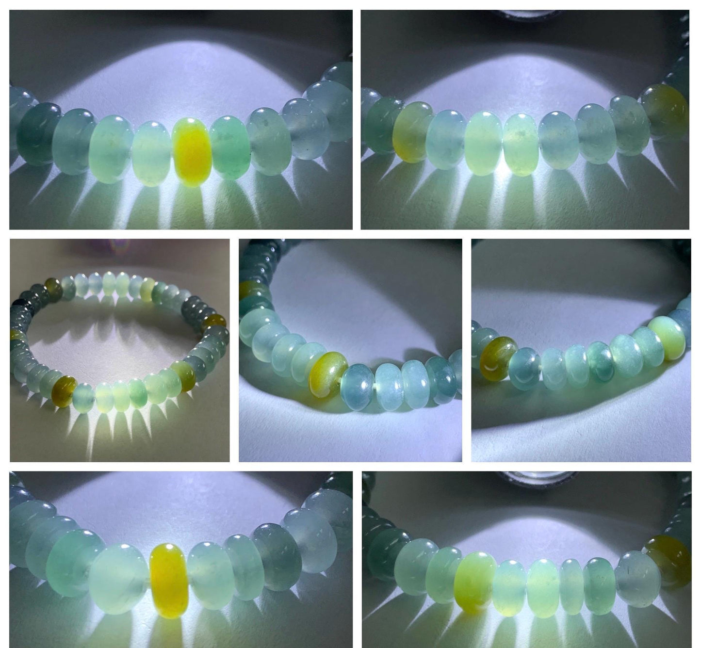 Natural Grade A Guatemalan Icy Highly Translucent Light Teal & Yellow Jade Jadeite Drum Beads Beaded Bracelet 6.5” 20g 天然冰胶危蓝加黄翡翠鼓珠手串WQD580B