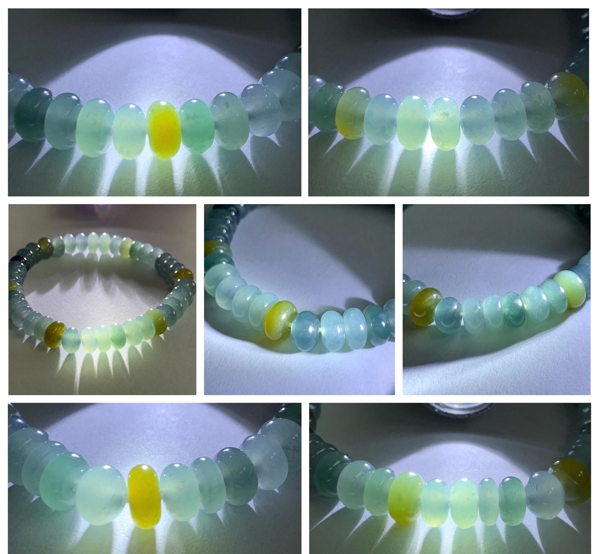 Natural Grade A Guatemalan Icy Highly Translucent Light Teal & Yellow Jade Jadeite Drum Beads Beaded Bracelet 6.5” 20g 天然冰胶危蓝加黄翡翠鼓珠手串WQD580B
