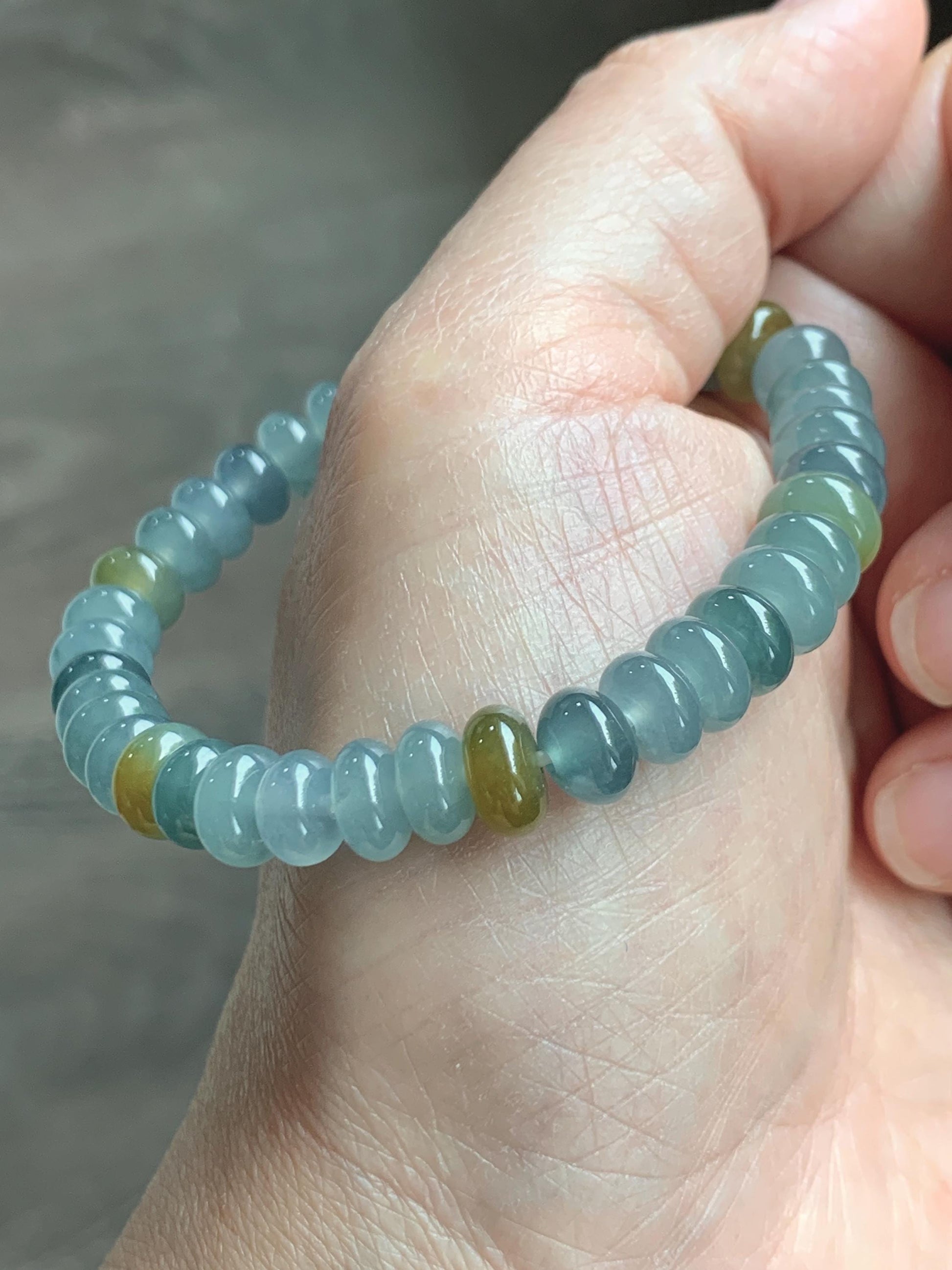 Natural Grade A Guatemalan Icy Highly Translucent Light Teal & Yellow Jade Jadeite Drum Beads Beaded Bracelet 6.5” 20g 天然冰胶危蓝加黄翡翠鼓珠手串WQD580B