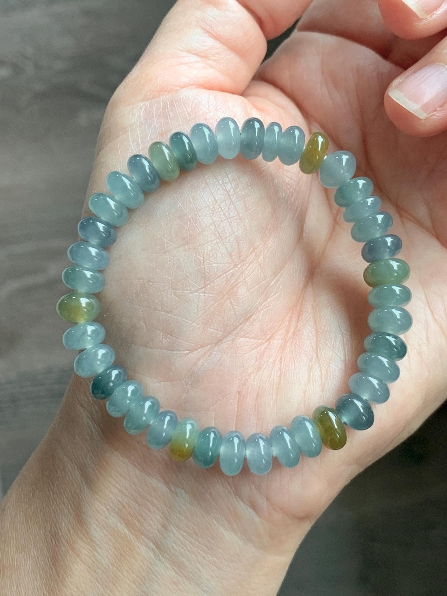 Natural Grade A Guatemalan Icy Highly Translucent Light Teal & Yellow Jade Jadeite Drum Beads Beaded Bracelet 6.5” 20g 天然冰胶危蓝加黄翡翠鼓珠手串WQD580B