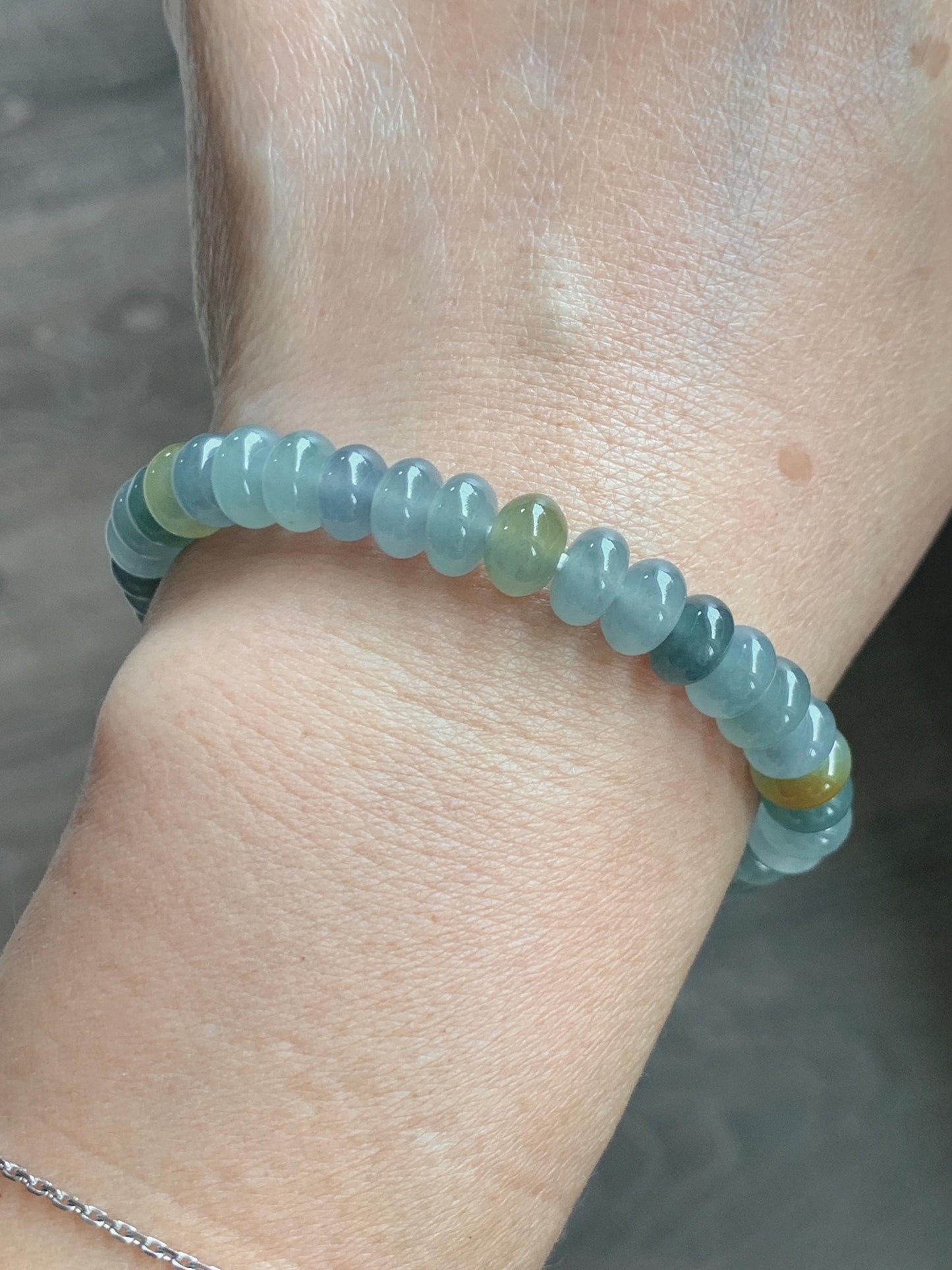 Natural Grade A Guatemalan Icy Highly Translucent Light Teal & Yellow Jade Jadeite Drum Beads Beaded Bracelet 6.5” 20g 天然冰胶危蓝加黄翡翠鼓珠手串WQD580B
