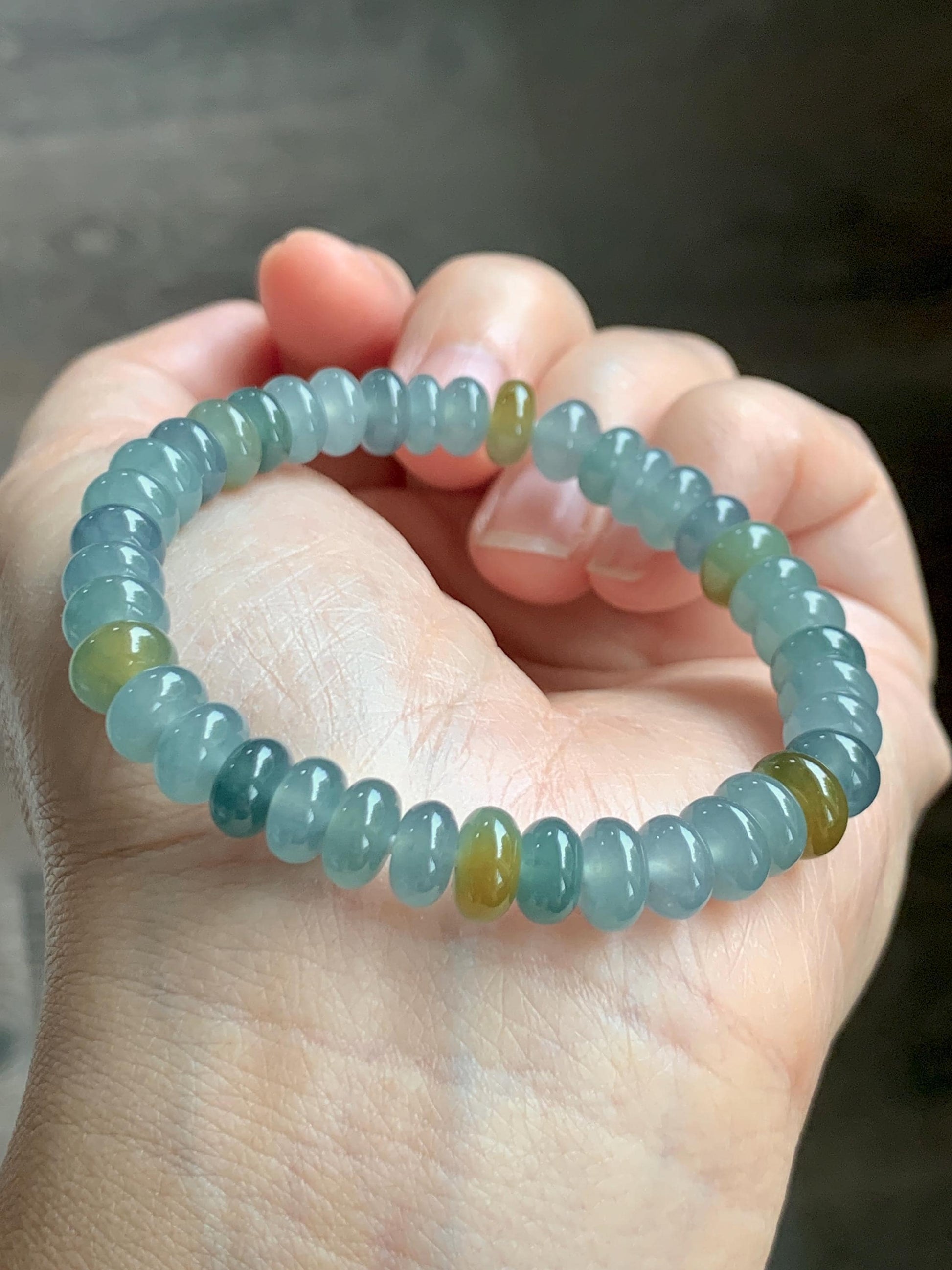 Natural Grade A Guatemalan Icy Highly Translucent Light Teal & Yellow Jade Jadeite Drum Beads Beaded Bracelet 6.5” 20g 天然冰胶危蓝加黄翡翠鼓珠手串WQD580B