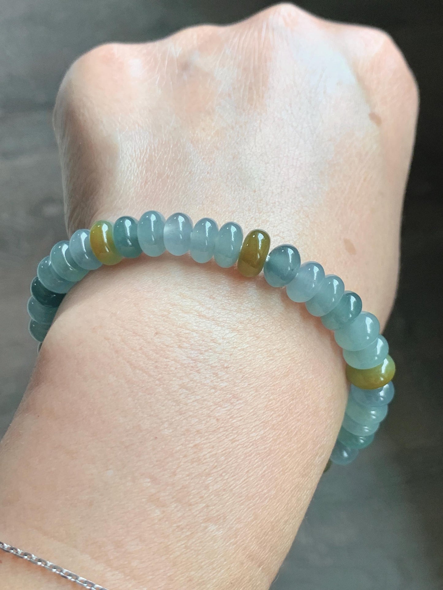 Natural Grade A Guatemalan Icy Highly Translucent Light Teal & Yellow Jade Jadeite Drum Beads Beaded Bracelet 6.5” 20g 天然冰胶危蓝加黄翡翠鼓珠手串WQD580B