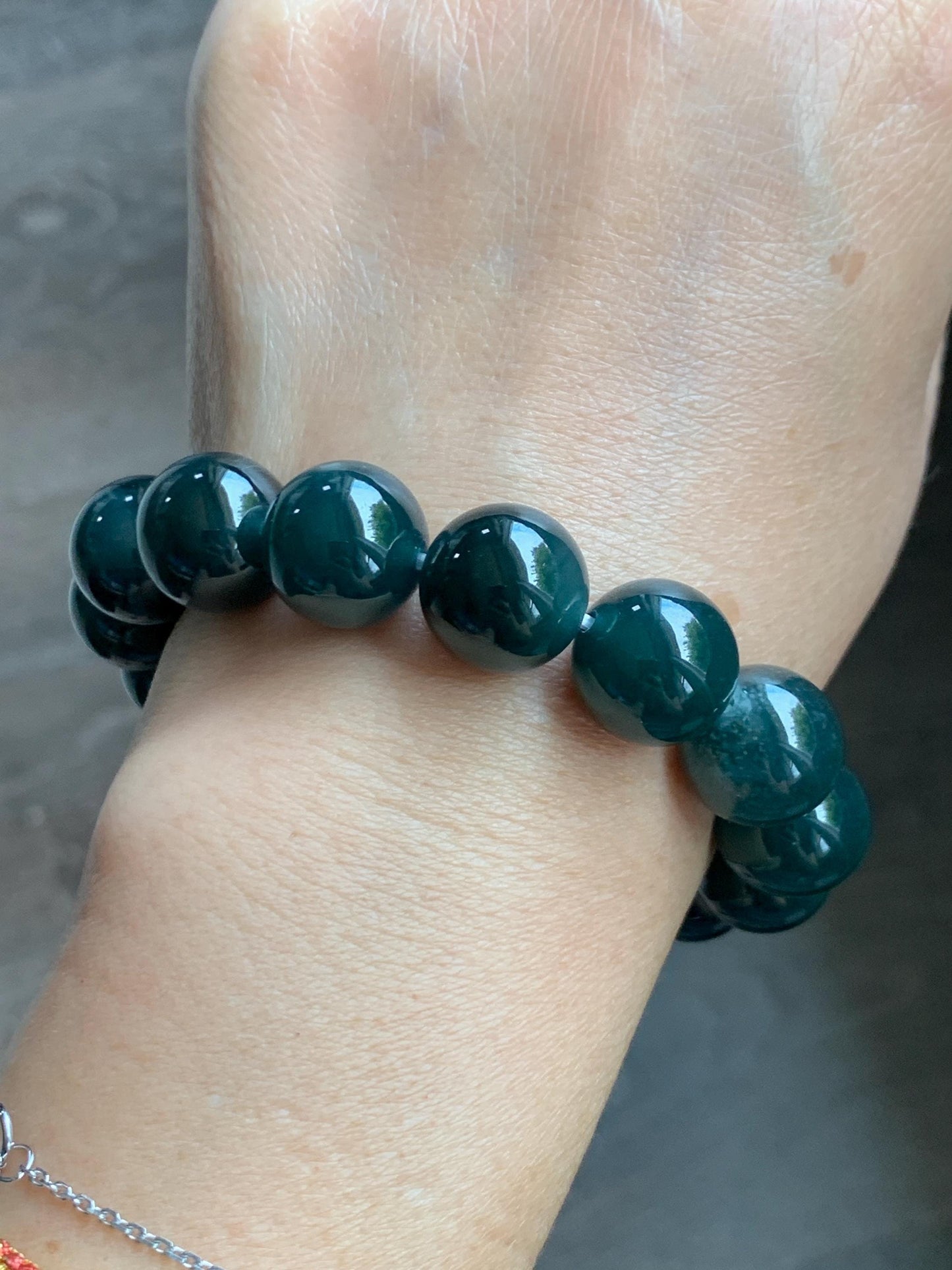 LARGE Natural Grade A Guatemalan Icy Translucent Dark Teal Green Jade Jadeite Beaded Bracelet 13.9mm 7.75” 69g 天然冰危深老蓝水翡翠大卡手串 WDS660B