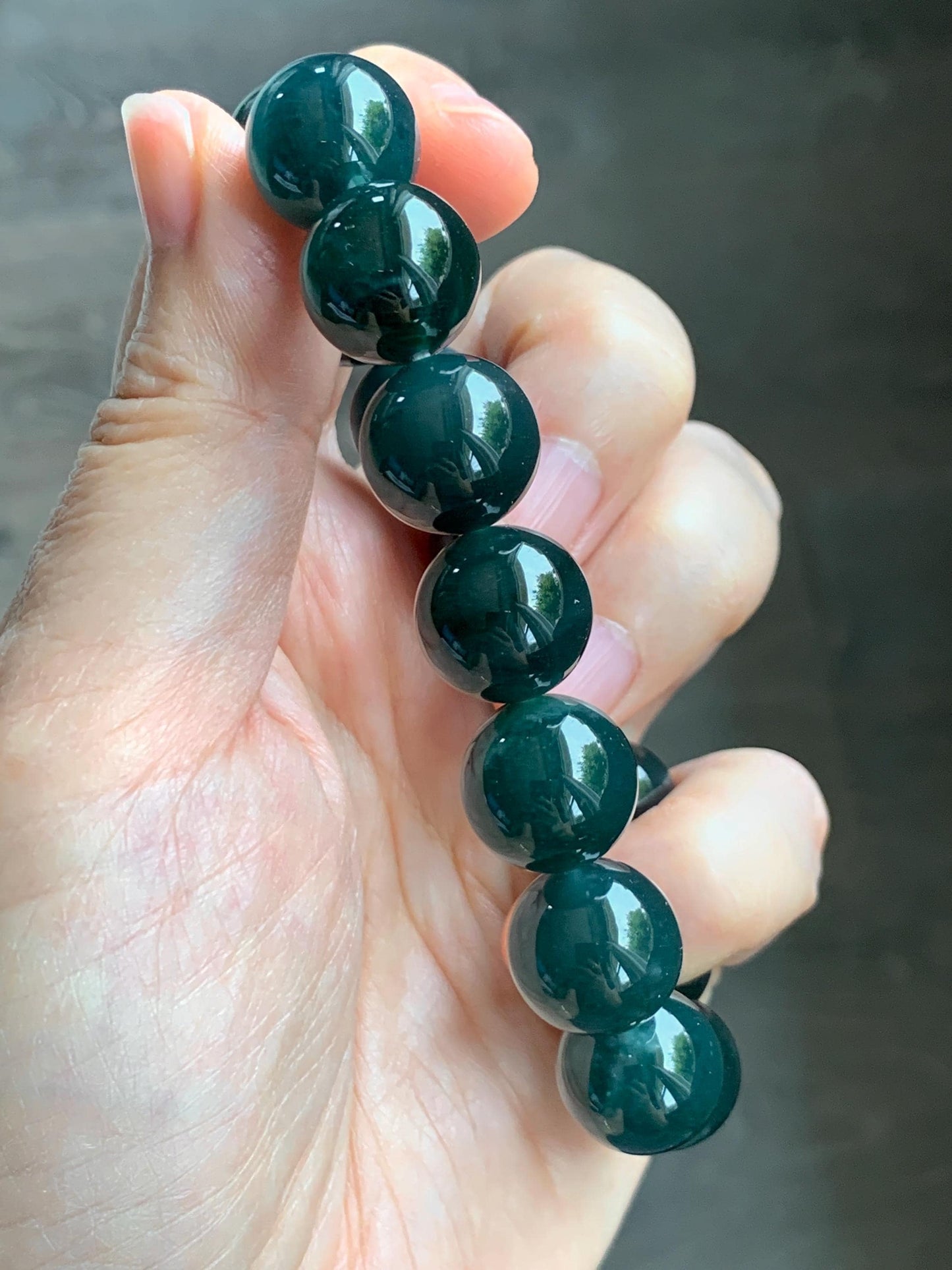 LARGE Natural Grade A Guatemalan Icy Translucent Dark Teal Green Jade Jadeite Beaded Bracelet 13.9mm 7.75” 69g 天然冰危深老蓝水翡翠大卡手串 WDS660B