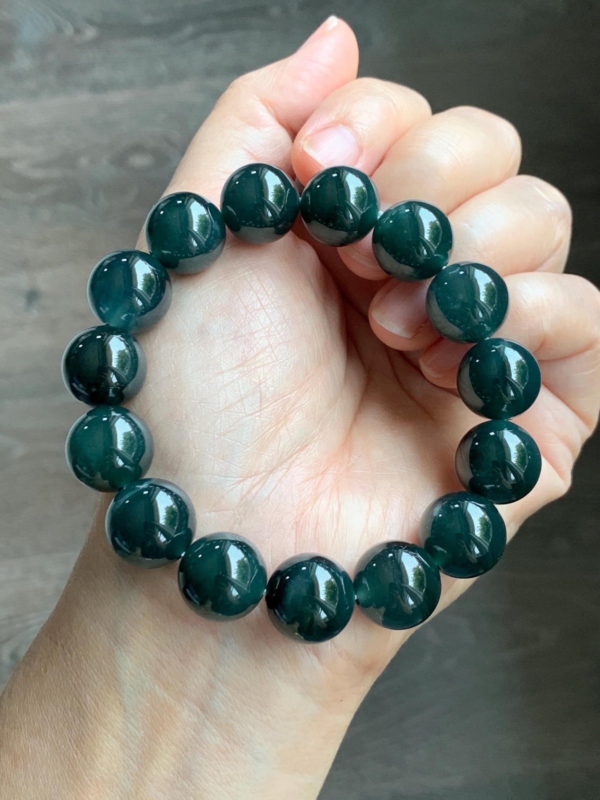 LARGE Natural Grade A Guatemalan Icy Translucent Dark Teal Green Jade Jadeite Beaded Bracelet 13.9mm 7.75” 69g 天然冰危深老蓝水翡翠大卡手串 WDS660B