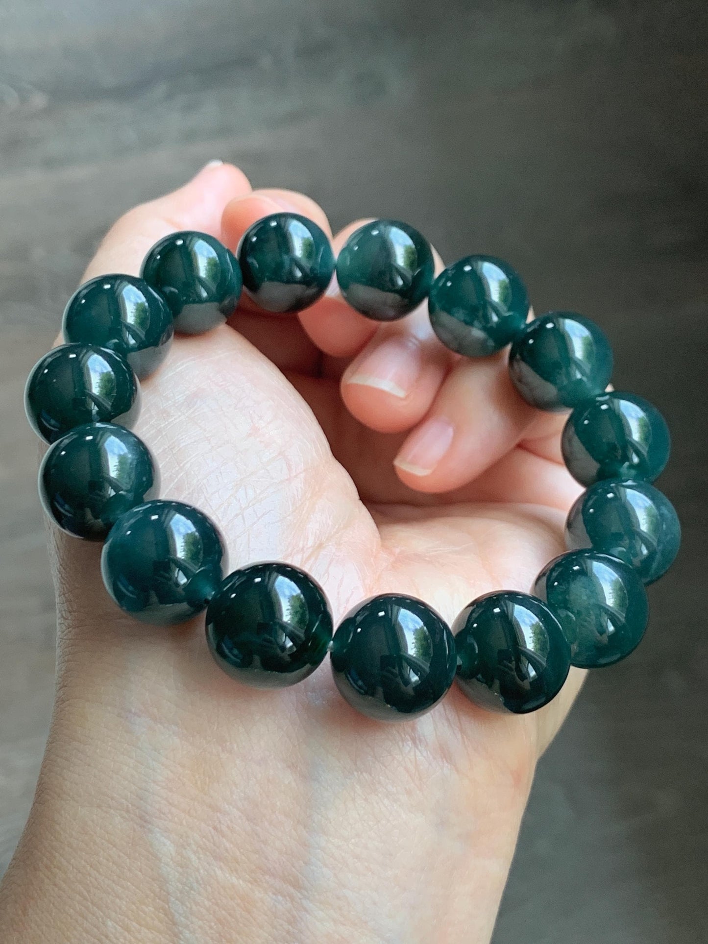 LARGE Natural Grade A Guatemalan Icy Translucent Dark Teal Green Jade Jadeite Beaded Bracelet 13.9mm 7.75” 69g 天然冰危深老蓝水翡翠大卡手串 WDS660B