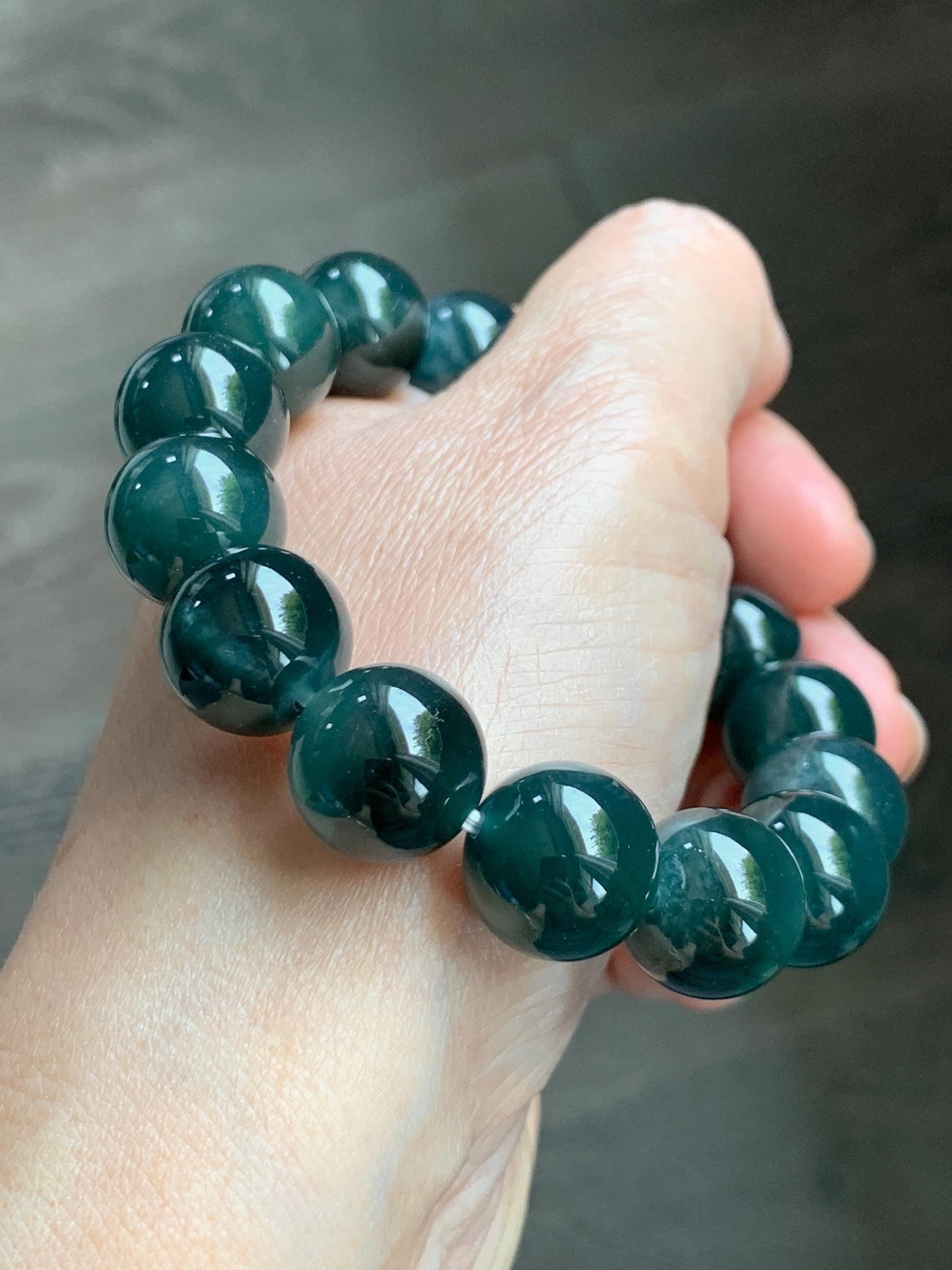 LARGE Natural Grade A Guatemalan Icy Translucent Dark Teal Green Jade Jadeite Beaded Bracelet 13.9mm 7.75” 69g 天然冰危深老蓝水翡翠大卡手串 WDS660B