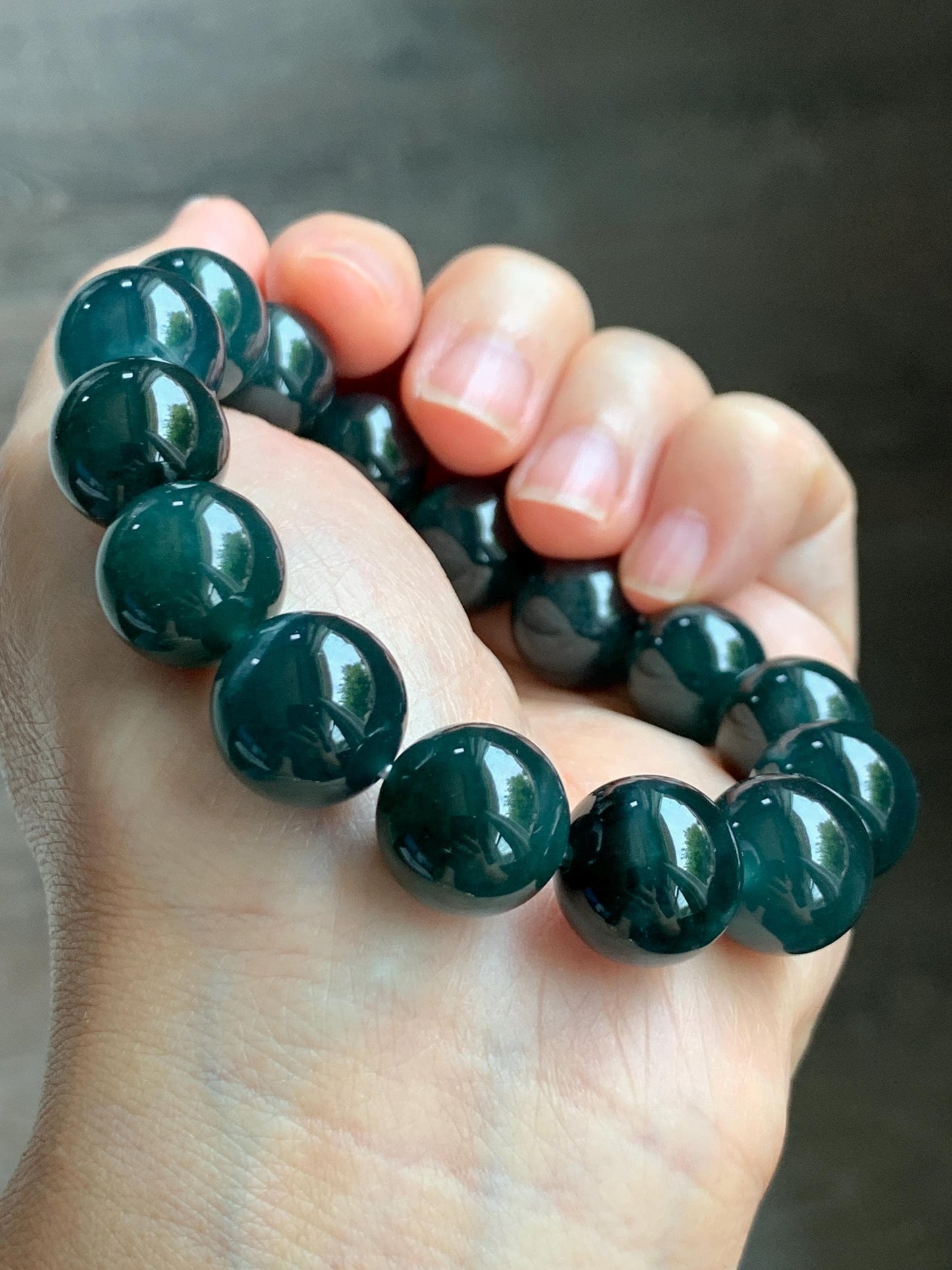 LARGE Natural Grade A Guatemalan Icy Translucent Dark Teal Green Jade Jadeite Beaded Bracelet 13.9mm 7.75” 69g 天然冰危深老蓝水翡翠大卡手串 WDS660B