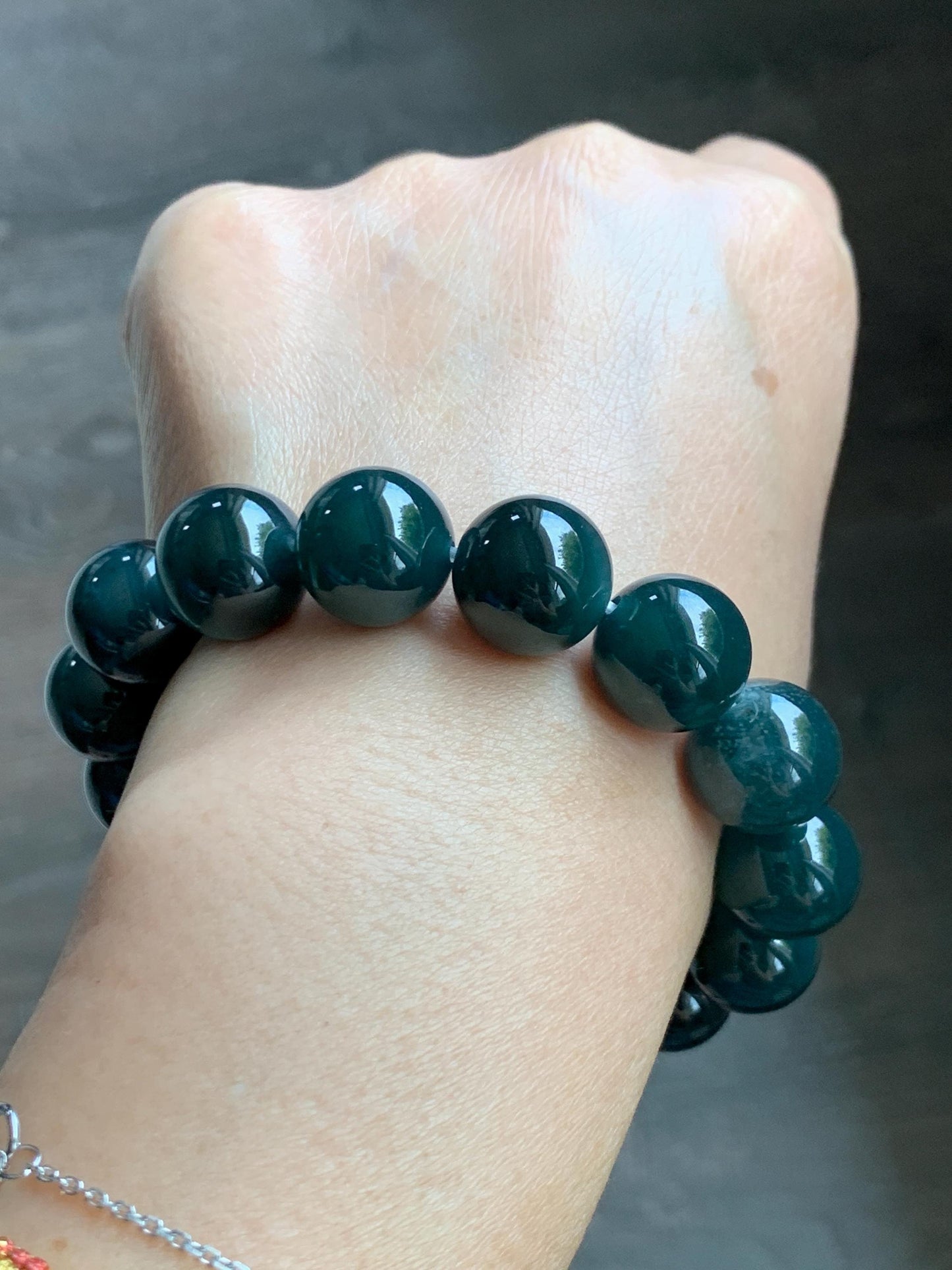 LARGE Natural Grade A Guatemalan Icy Translucent Dark Teal Green Jade Jadeite Beaded Bracelet 13.9mm 7.75” 69g 天然冰危深老蓝水翡翠大卡手串 WDS660B